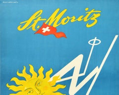 Original Vintage Winter Sport Poster St Moritz Switzerland Travel Skiing Sun Art