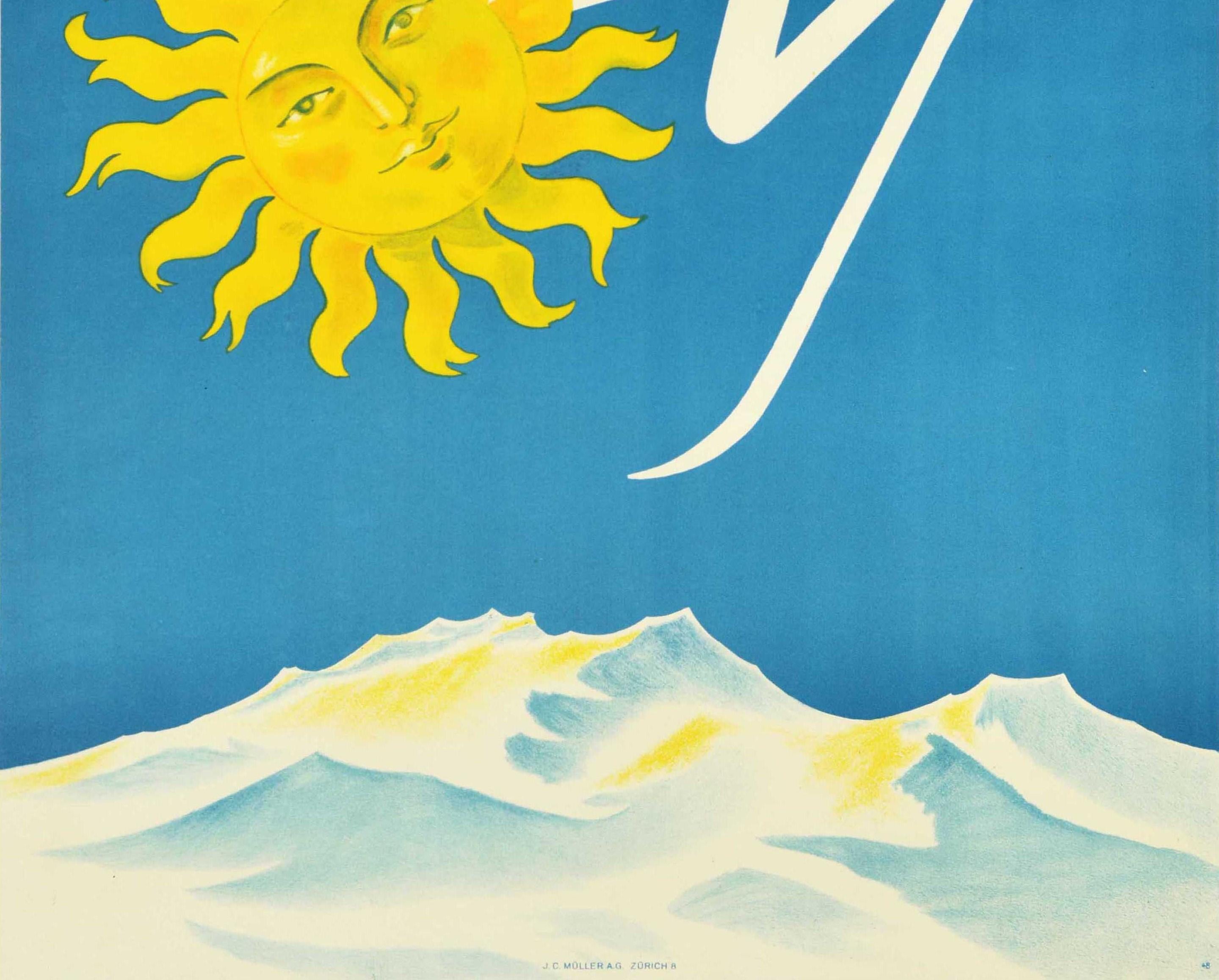 Swiss Original Vintage Winter Sport Poster St Moritz Switzerland Travel Skiing Sun Art