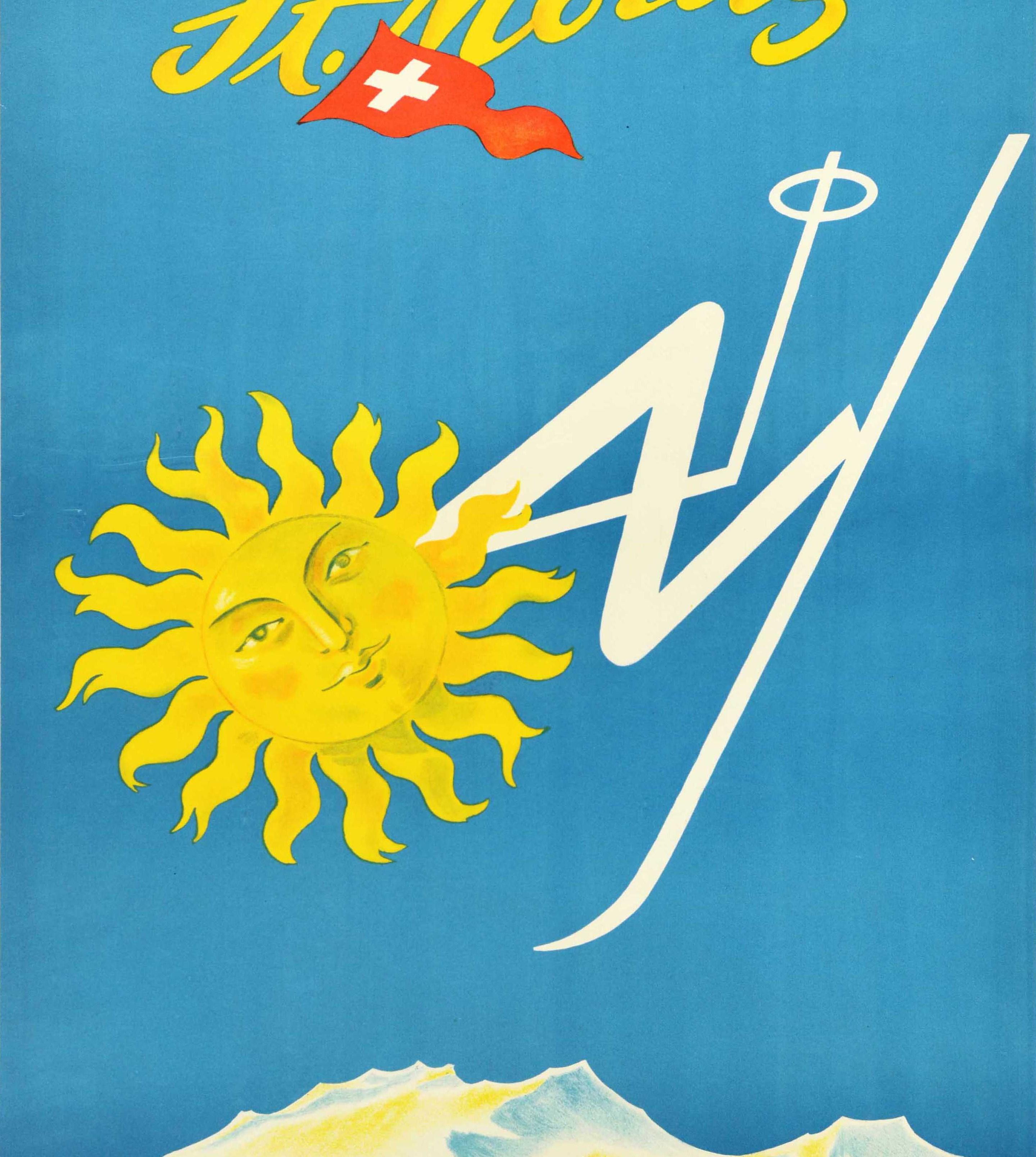 Original Vintage Winter Sport Poster St Moritz Switzerland Travel Skiing Sun Art In Good Condition In London, GB