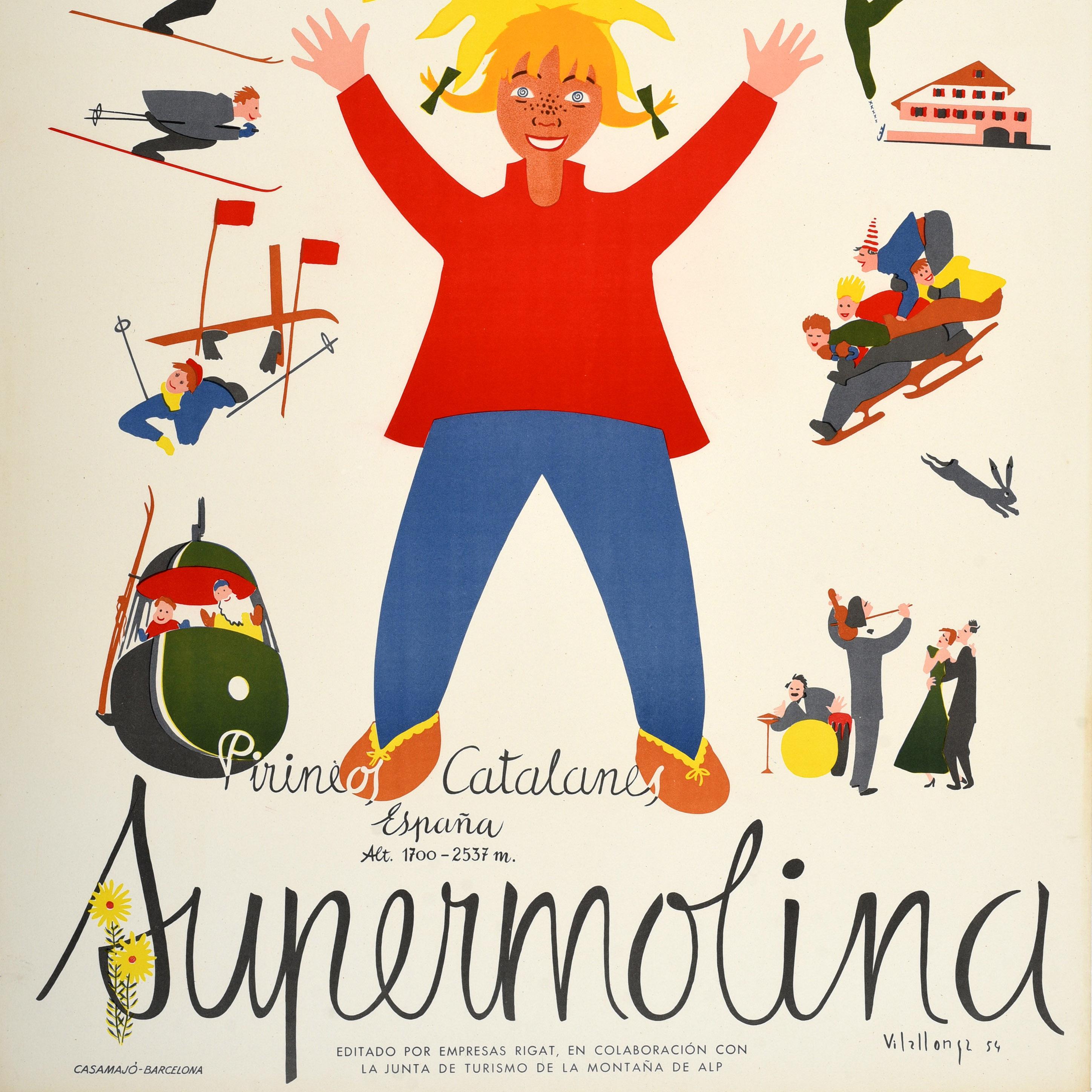 Original Vintage Winter Sport Poster Supermolina Ski Spain Catalan Pyrenees Art In Good Condition For Sale In London, GB
