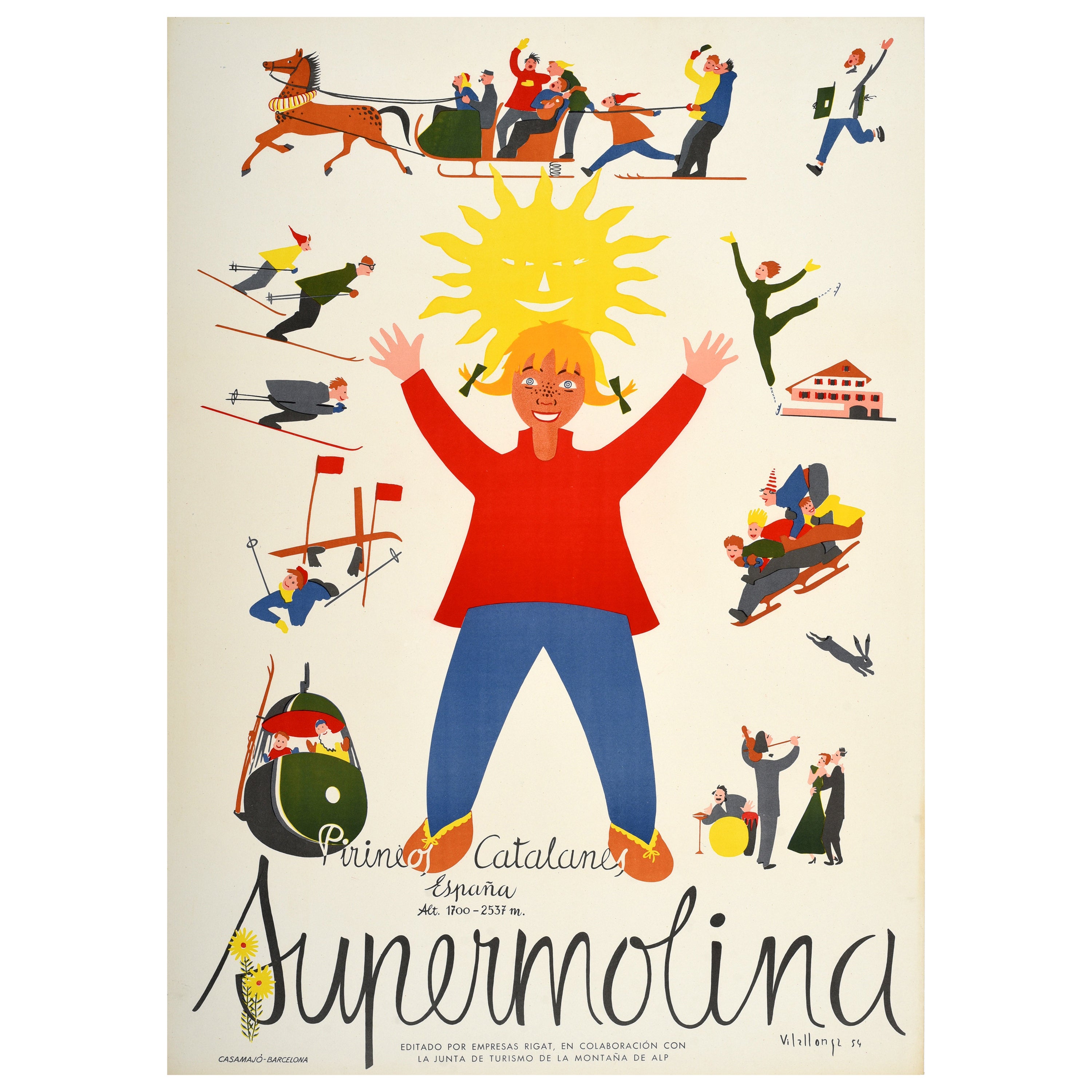 Poster originale d'epoca per lo sport invernale Supermolina Ski Spain Catalan Pyrenees Art