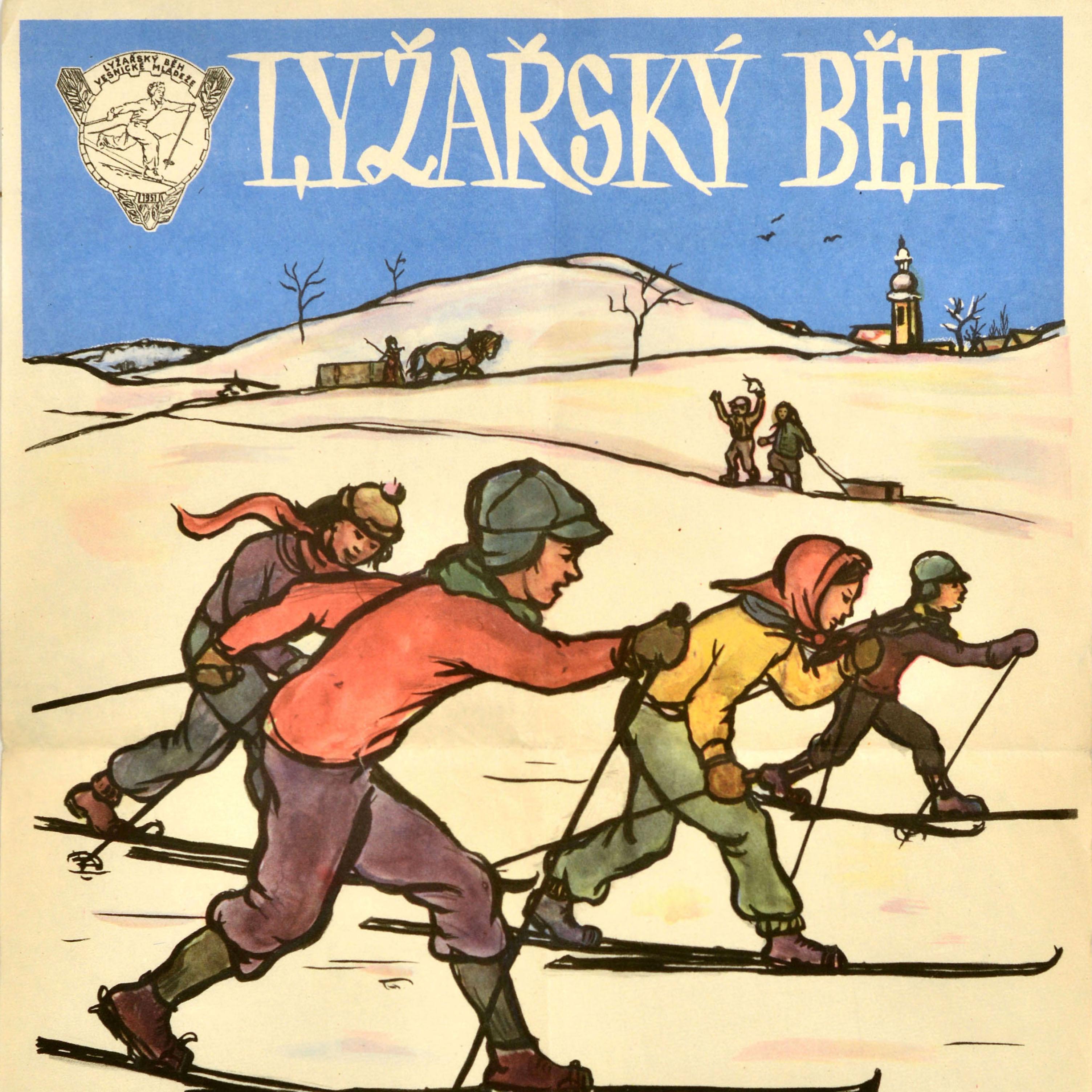 Tchèque Affiche vintage originale des sports d'hiver, Village, Jeunes, Run, Tchécoslovaquie, Ski en vente