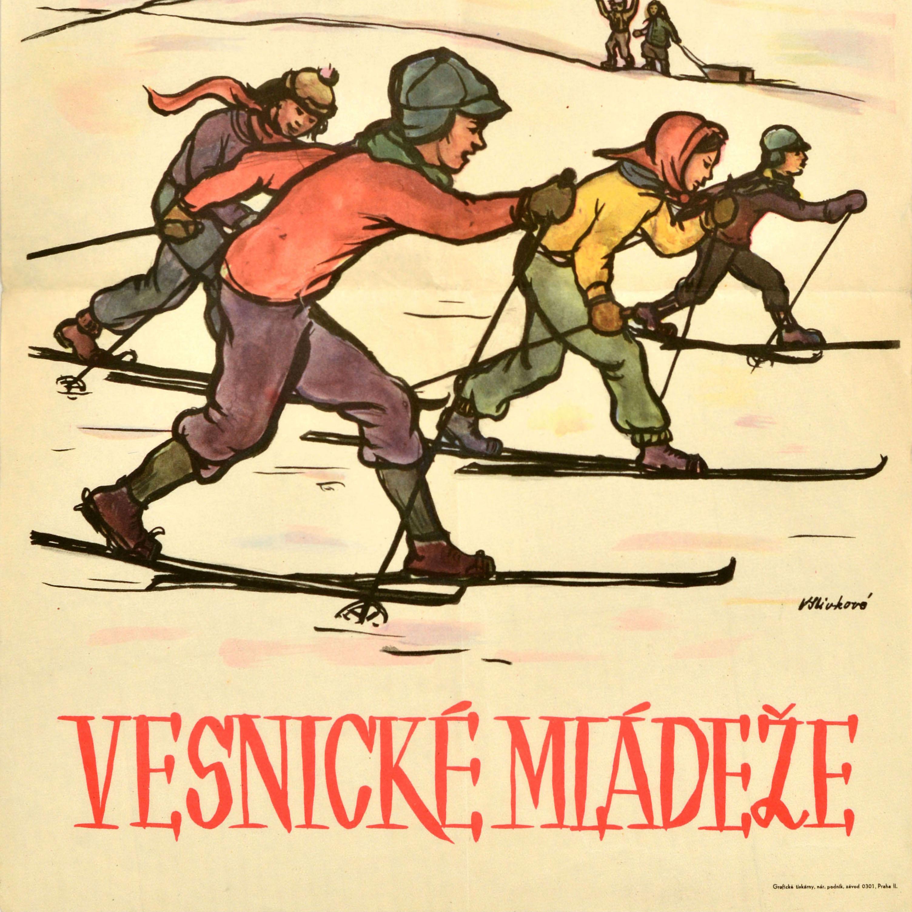 Affiche vintage originale des sports d'hiver, Village, Jeunes, Run, Tchécoslovaquie, Ski Bon état - En vente à London, GB