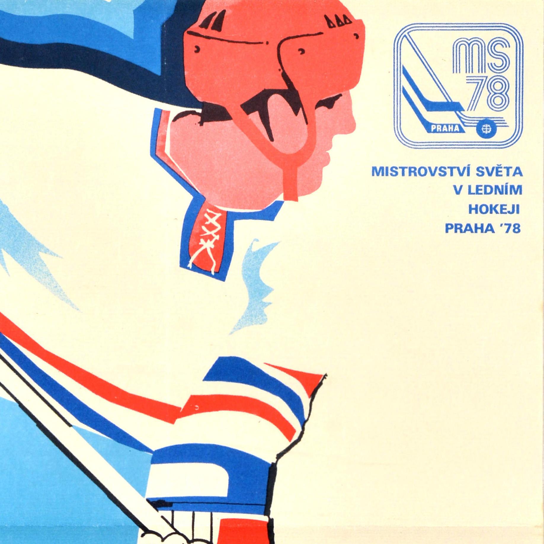 Cartel original vintage de deportes de invierno para los Campeonatos del Mundo de Hockey sobre Hielo de 1978 / Mistrovstvi Sveta v Lednim Hokeji Praha 78 celebrados en Pragu, Checoslovaquia, del 26 de abril al 14 de mayo de 1978 - ¡A zvitezi
