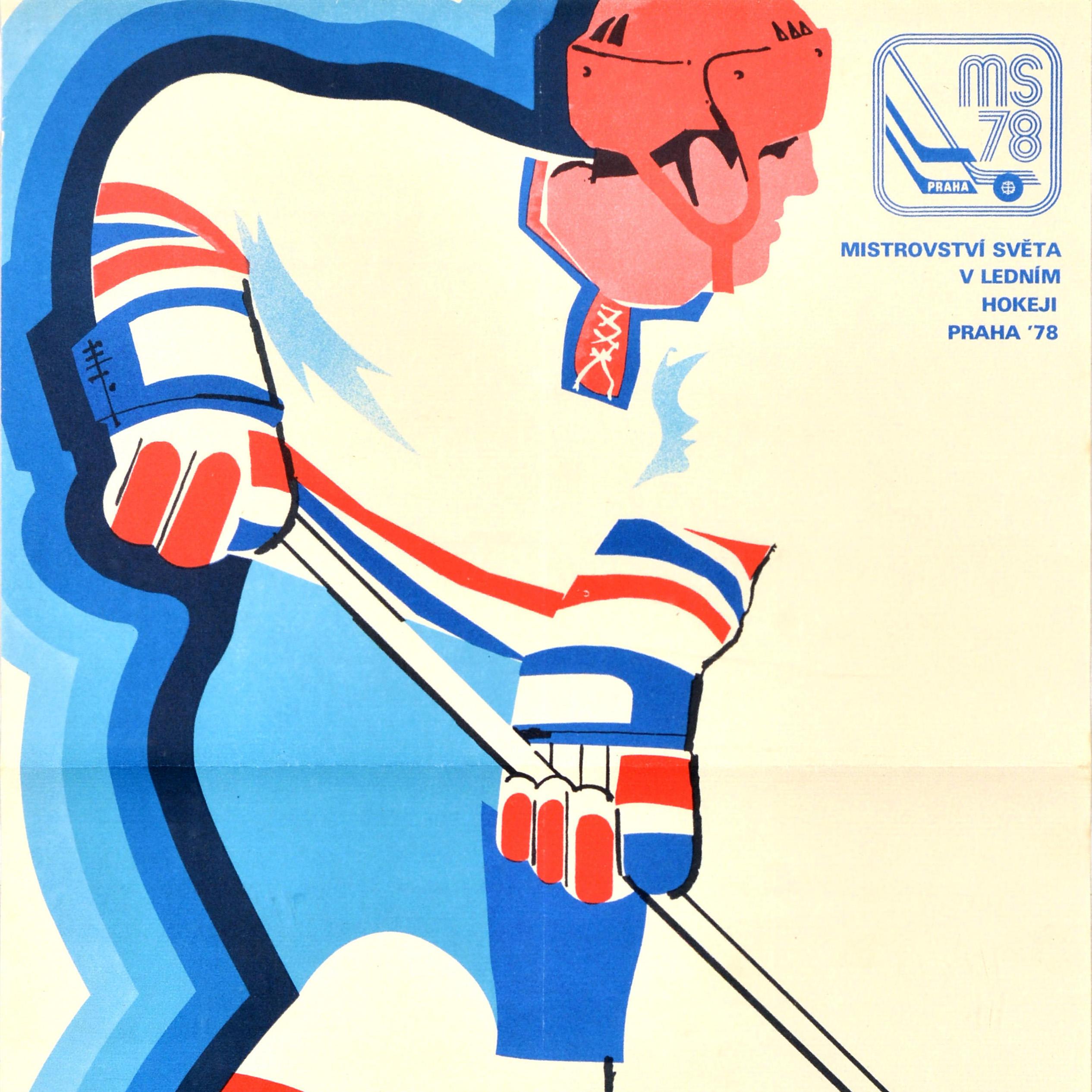 Póster original vintage de deportes de invierno Campeonato Mundial de Hockey sobre Hielo Praga 78 Checo en venta