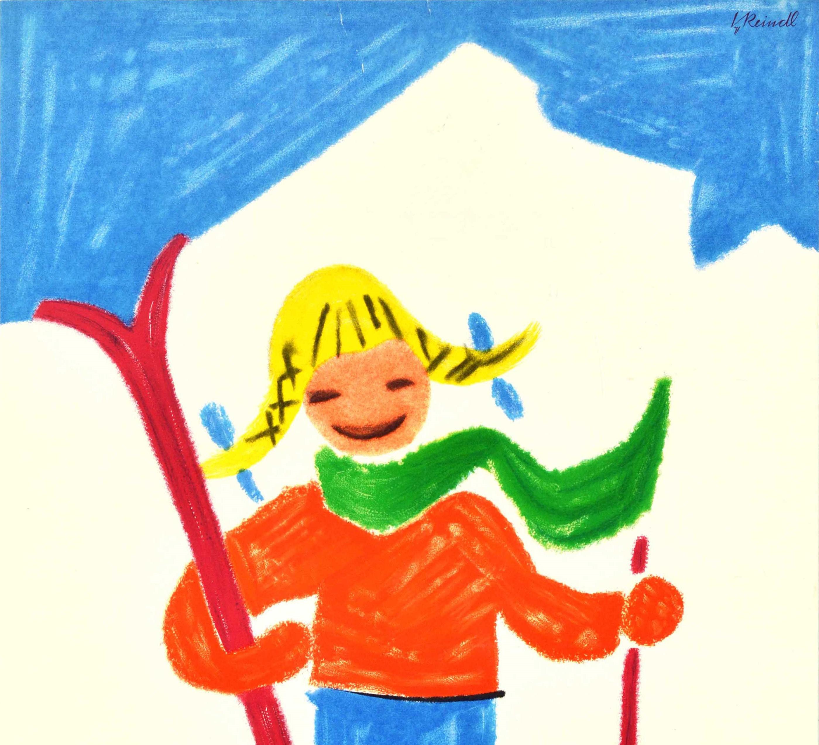 Affiche originale de sport d'hiver vintage pour la station de ski de Garmisch-Partenkirchen en Bavière, en Allemagne, avec une illustration colorée dans le style d'un dessin d'enfant montrant une fille souriante avec des rubans bleus dans ses