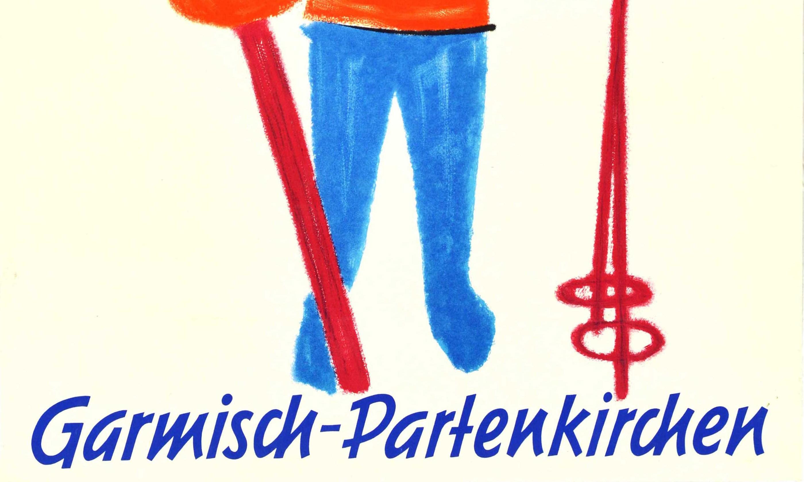 Allemand Affiche rétro originale de sports d'hiver, Ski, Garmisch Partenkirchen, Bavière, Allemagne en vente