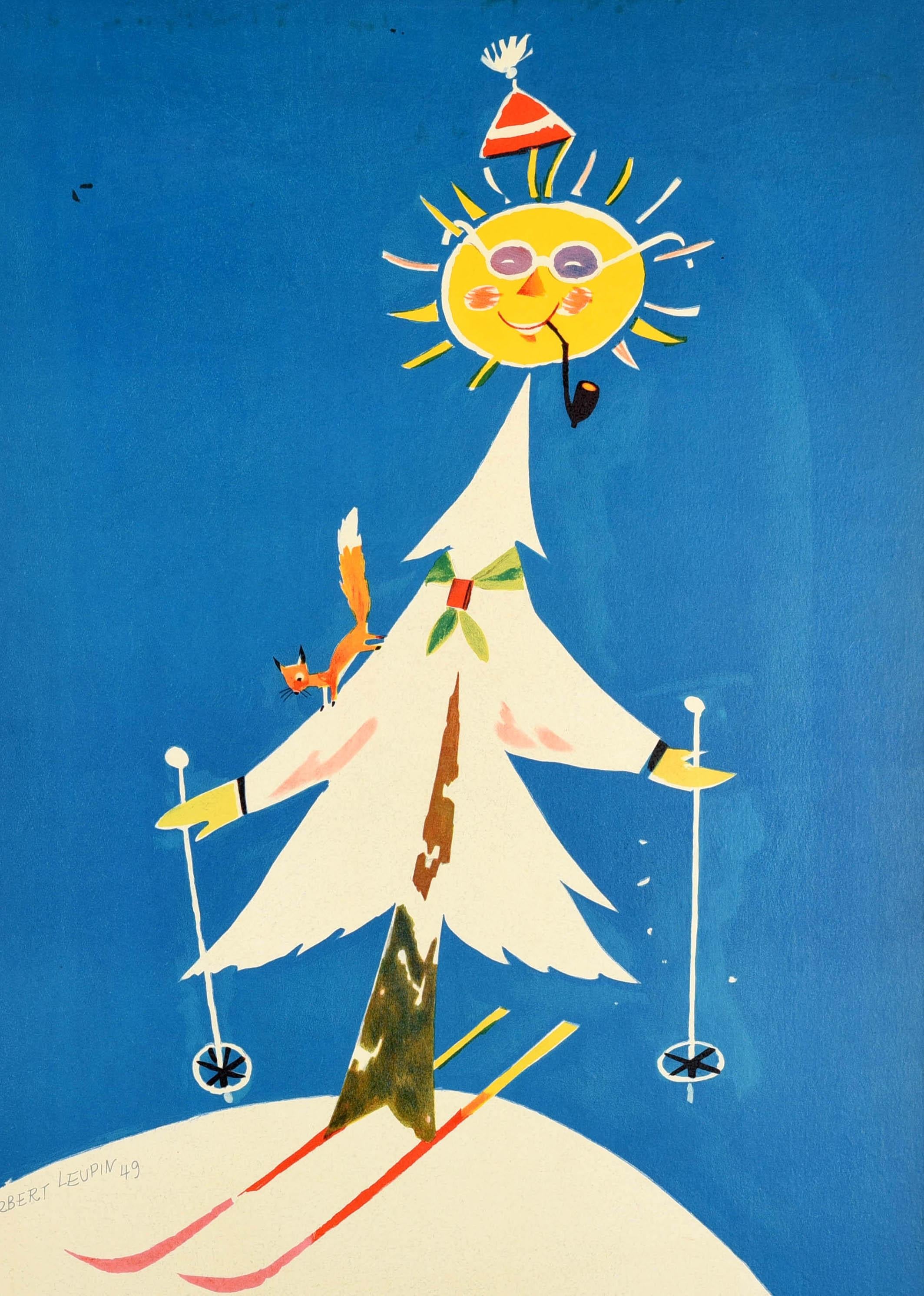 Original vintage winter sport ski poster for the popular resort of Pontresina in Switzerland featuring a fun and colourful illustration by the notable Swiss poster designer Herbert Leupin (1916-1999) of a snowy tree skiing with its head as a bright