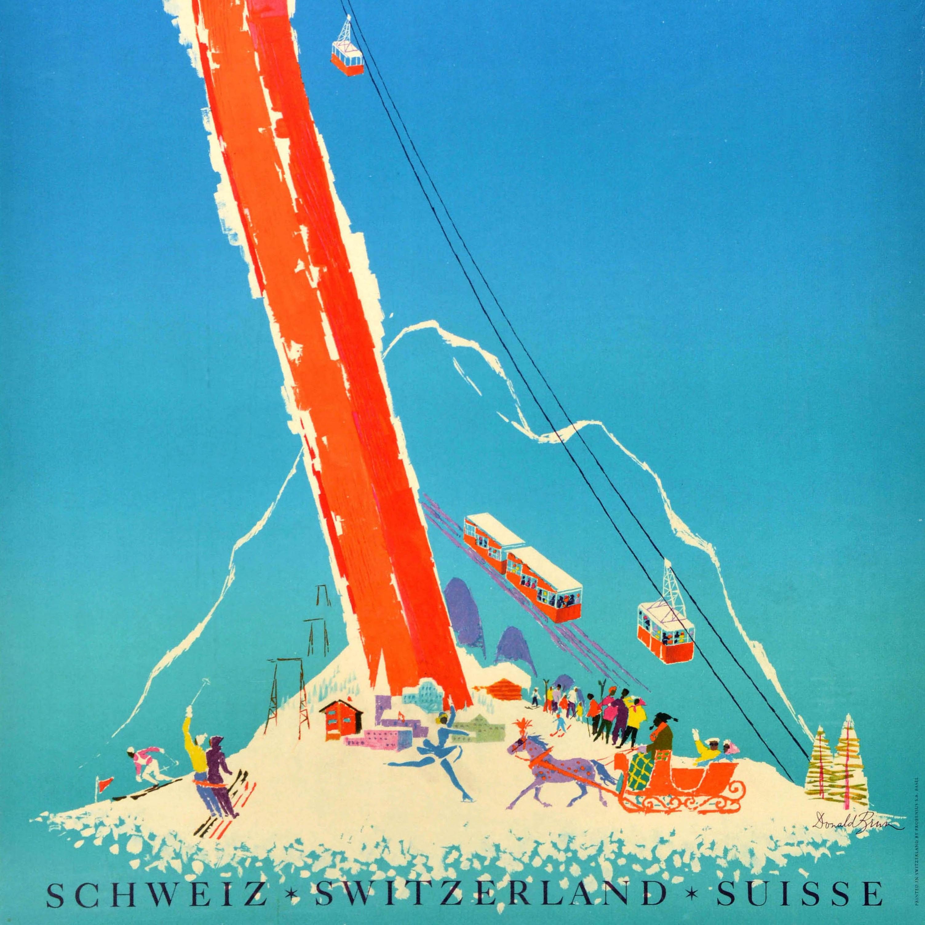 Original Vintage Winter Sport Ski Resort Travel Poster Davos Switzerland Brun In Good Condition For Sale In London, GB