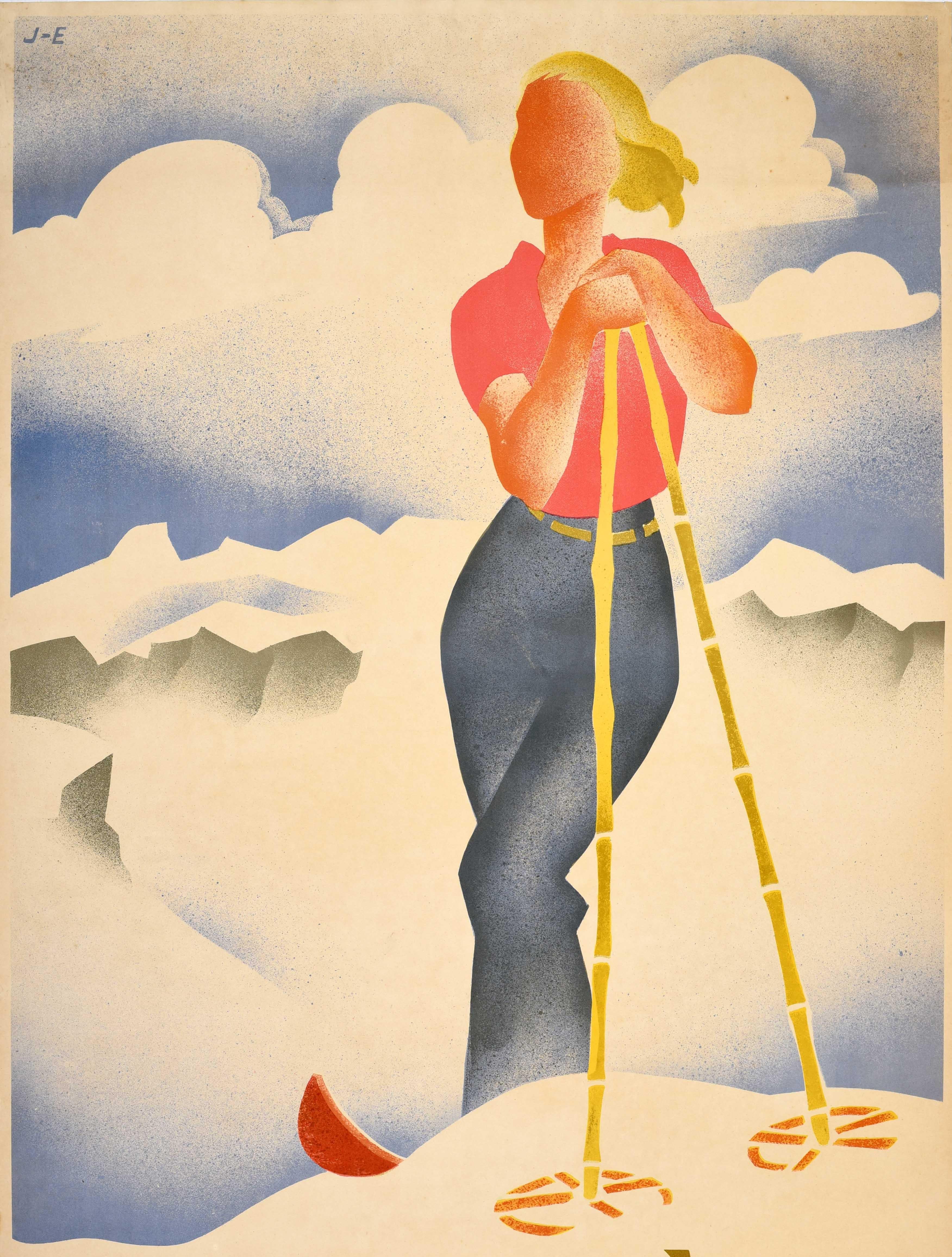 Poster originale d'epoca per lo sci - La Norvege Le Pays Du Ski / Norway The Land of Skiing - con uno splendido disegno Art-Déco di Gert Jynge (1904-1994) e Bjarne Engebret (1905-1985) che raffigura una signora dai capelli biondi con un top rosa a