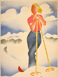 Originale poster di viaggio sugli sport invernali d'epoca Norvegia Terra dello Sci Lande