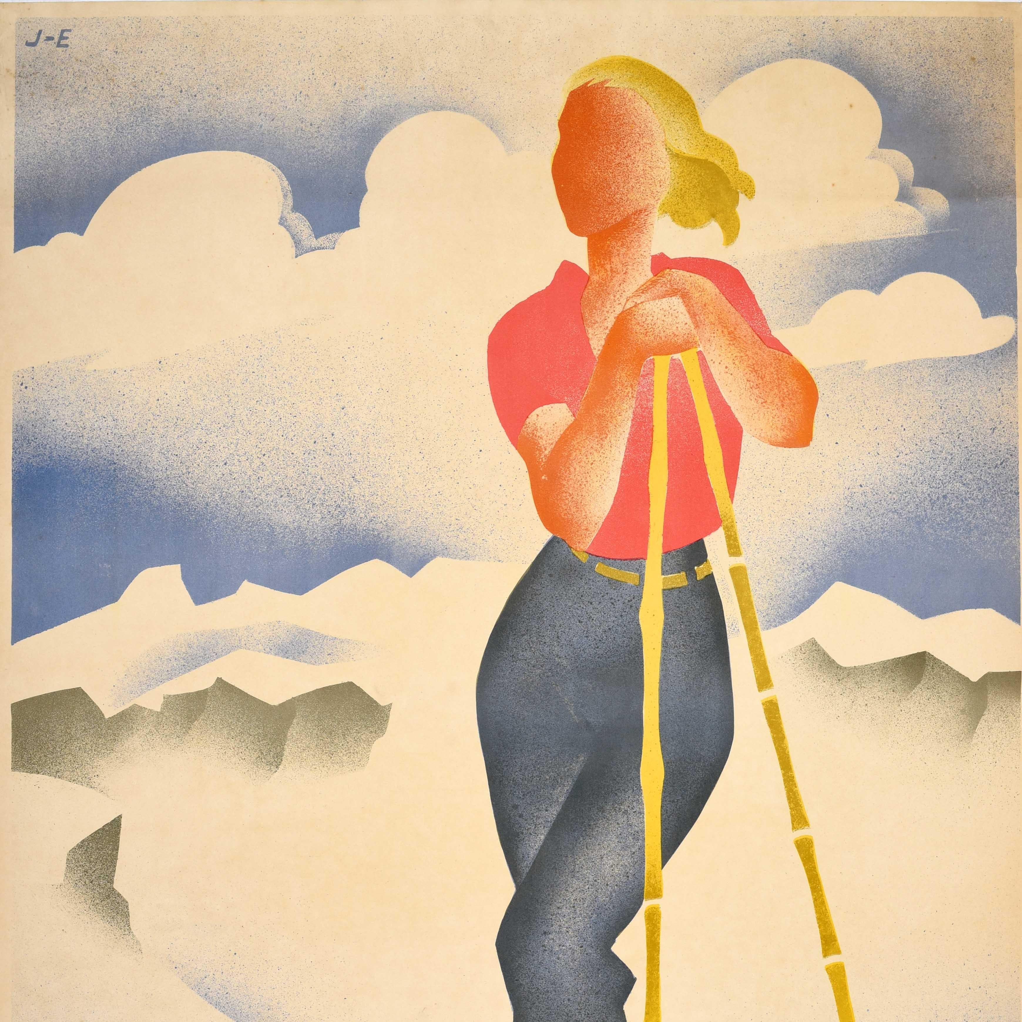 Art Déco Originale poster di viaggio sugli sport invernali d'epoca Norvegia Terra dello Sci Lande in vendita