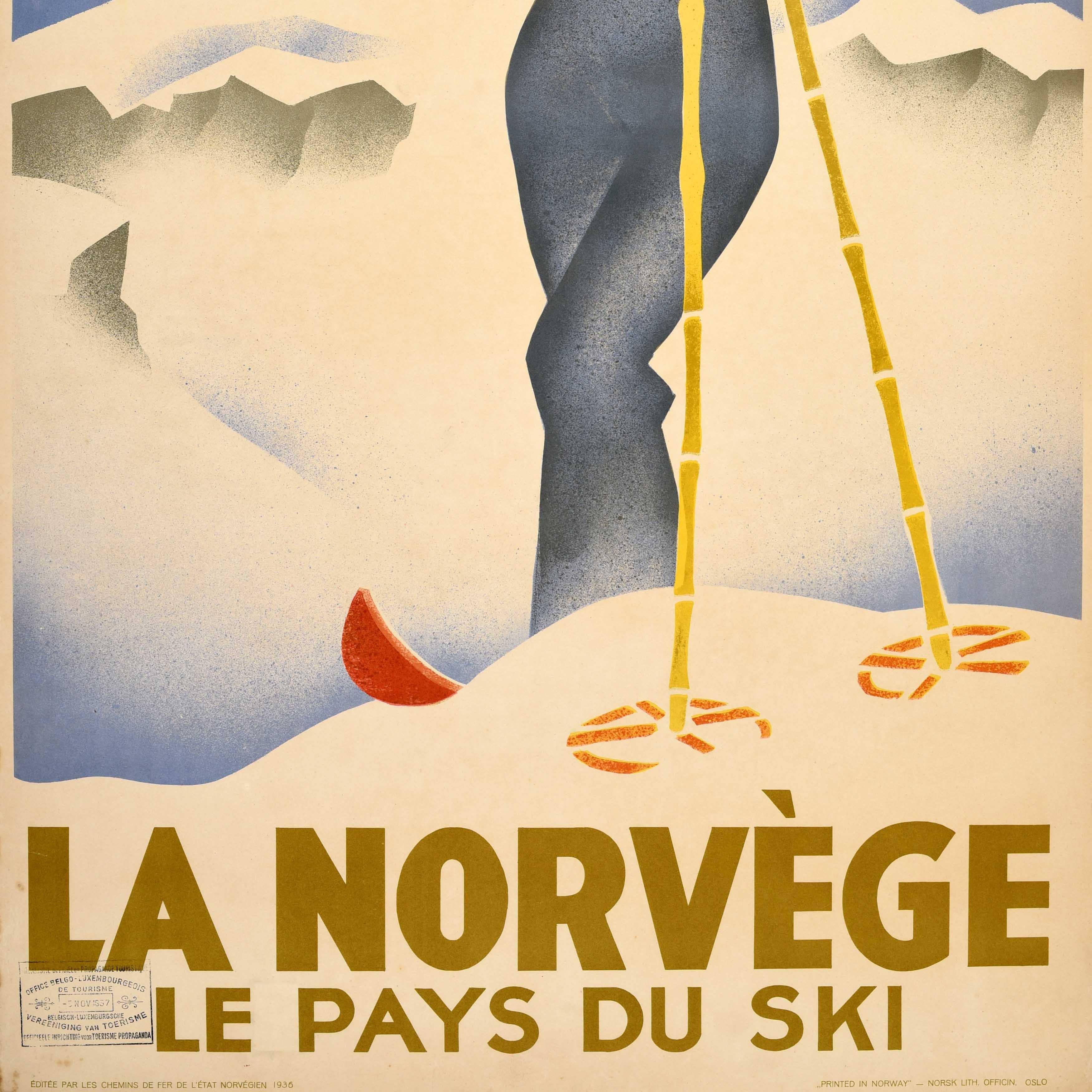Norvegese Originale poster di viaggio sugli sport invernali d'epoca Norvegia Terra dello Sci Lande in vendita
