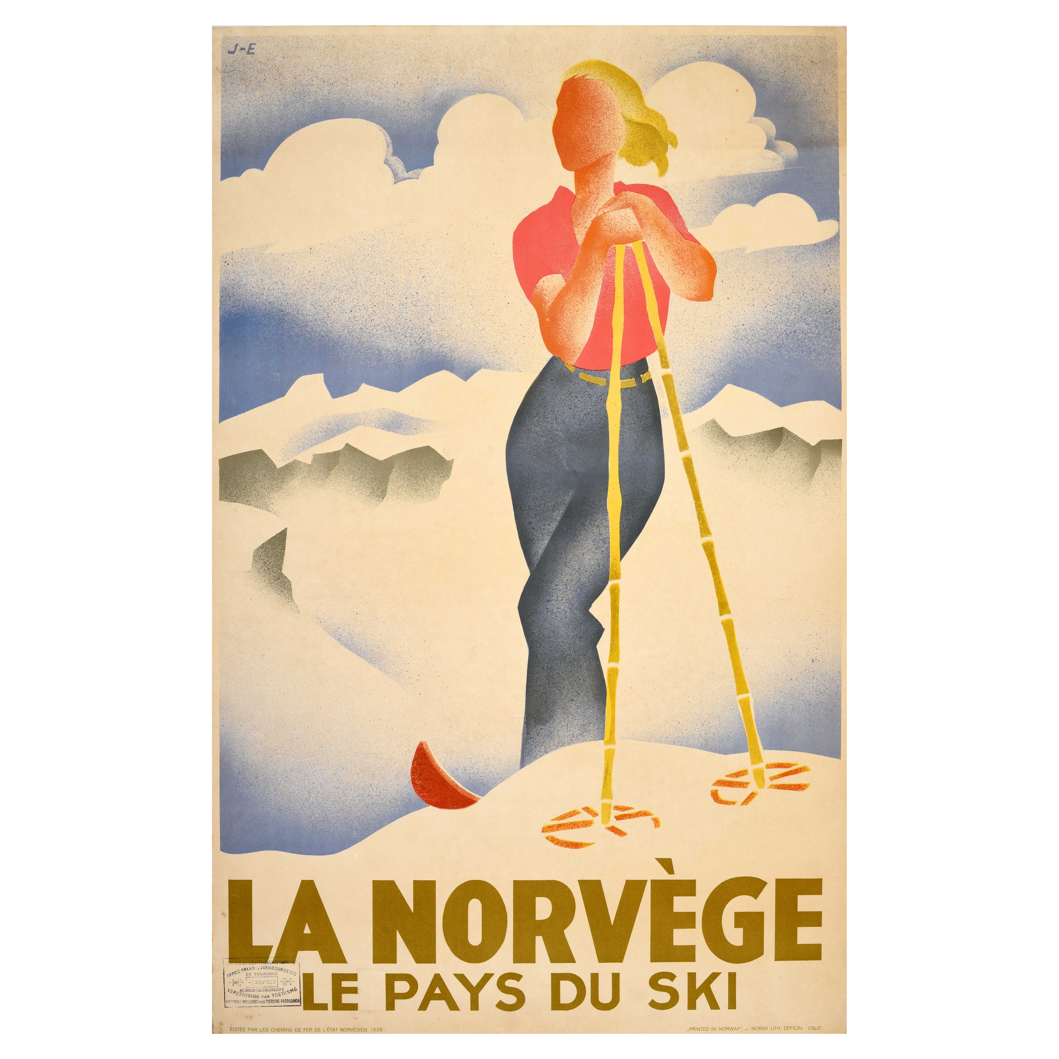 Originale poster di viaggio sugli sport invernali d'epoca Norvegia Terra dello Sci Lande in vendita