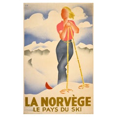 Originale poster di viaggio sugli sport invernali d'epoca Norvegia Terra dello Sci Lande