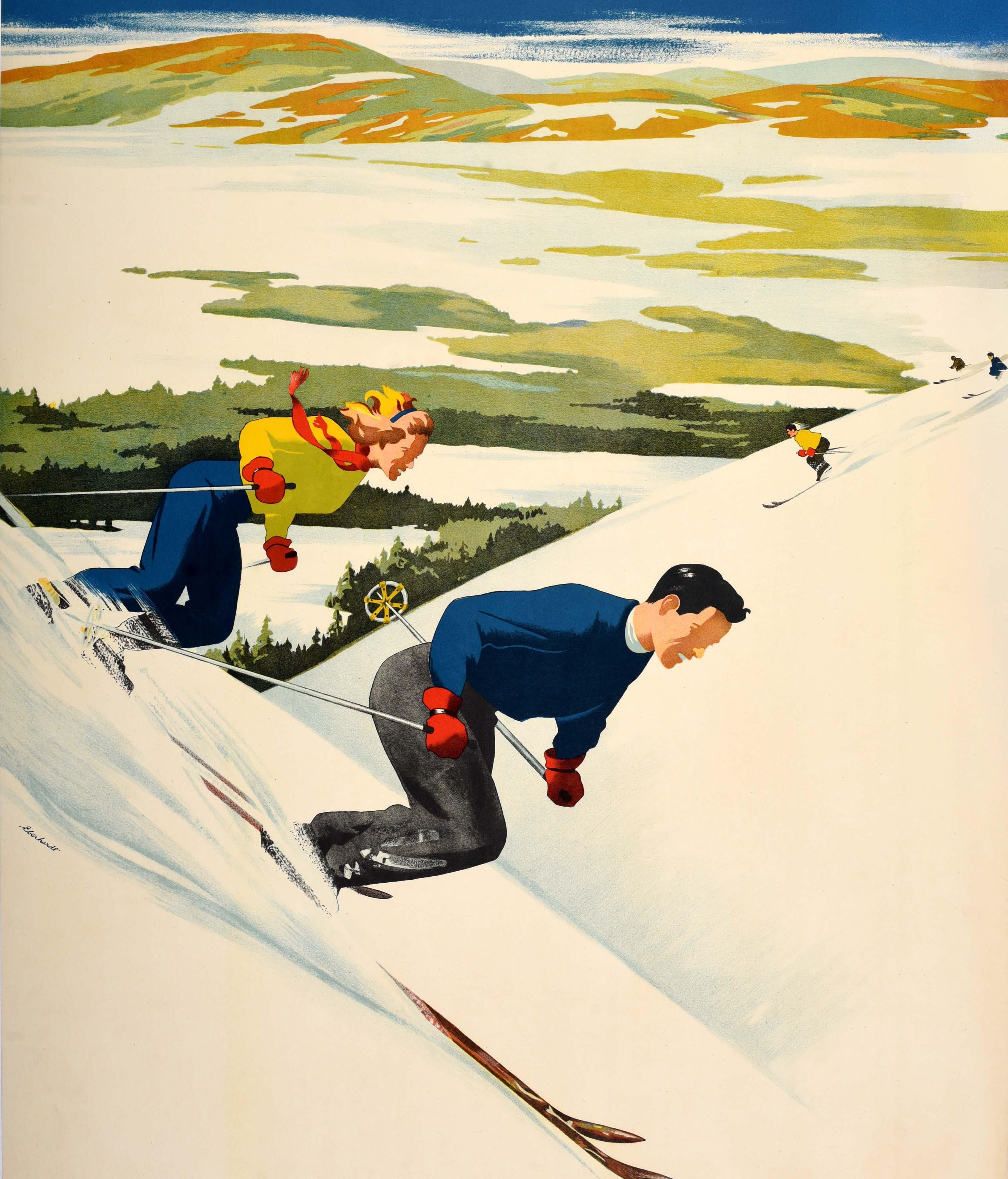 Poster vintage originale per la regione del Quebec, in Canada, con una grafica colorata che mostra un uomo con un maglione blu e guanti rossi che scia a tutta velocità in primo piano accanto a una signora con un maglione giallo e una sciarpa rossa e