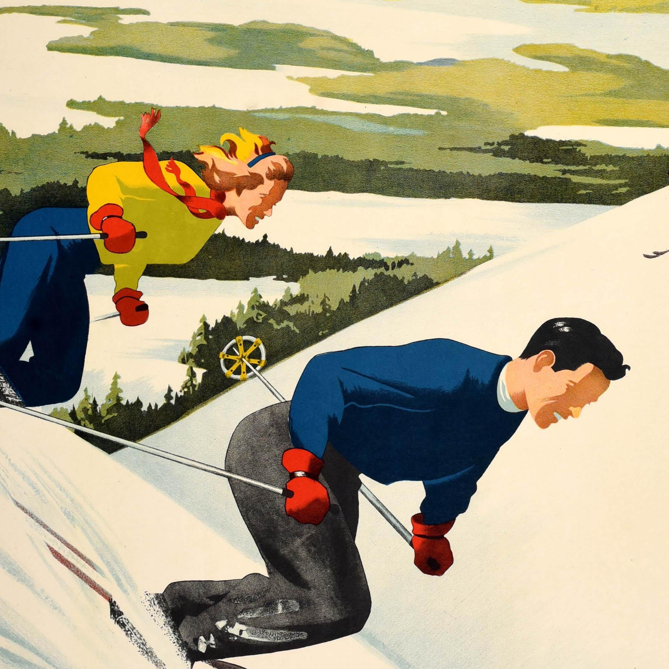 Metà XX secolo Poster di viaggio sugli sport invernali originale d'epoca Regione del Québec Sci Canada in vendita