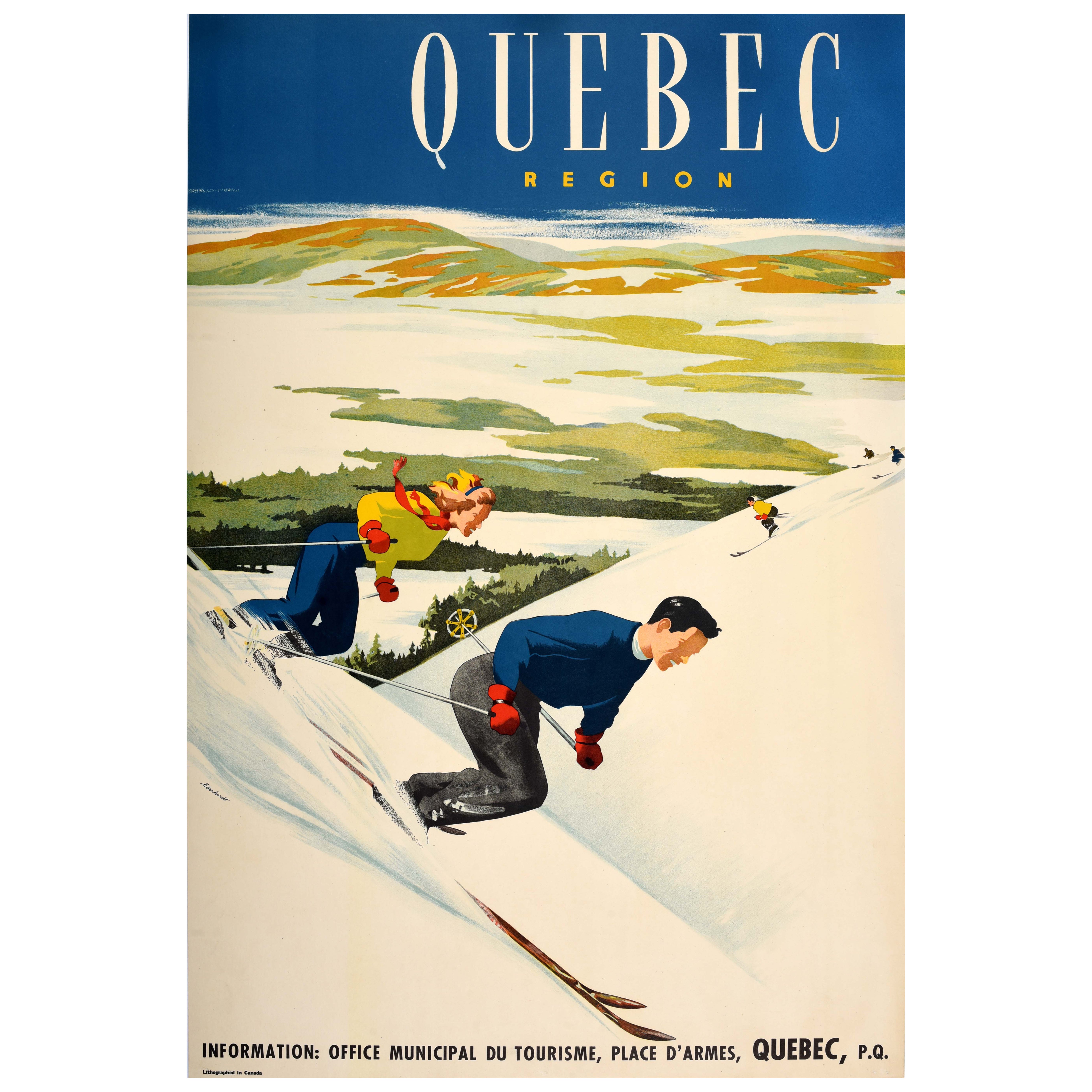 Poster di viaggio sugli sport invernali originale d'epoca Regione del Québec Sci Canada