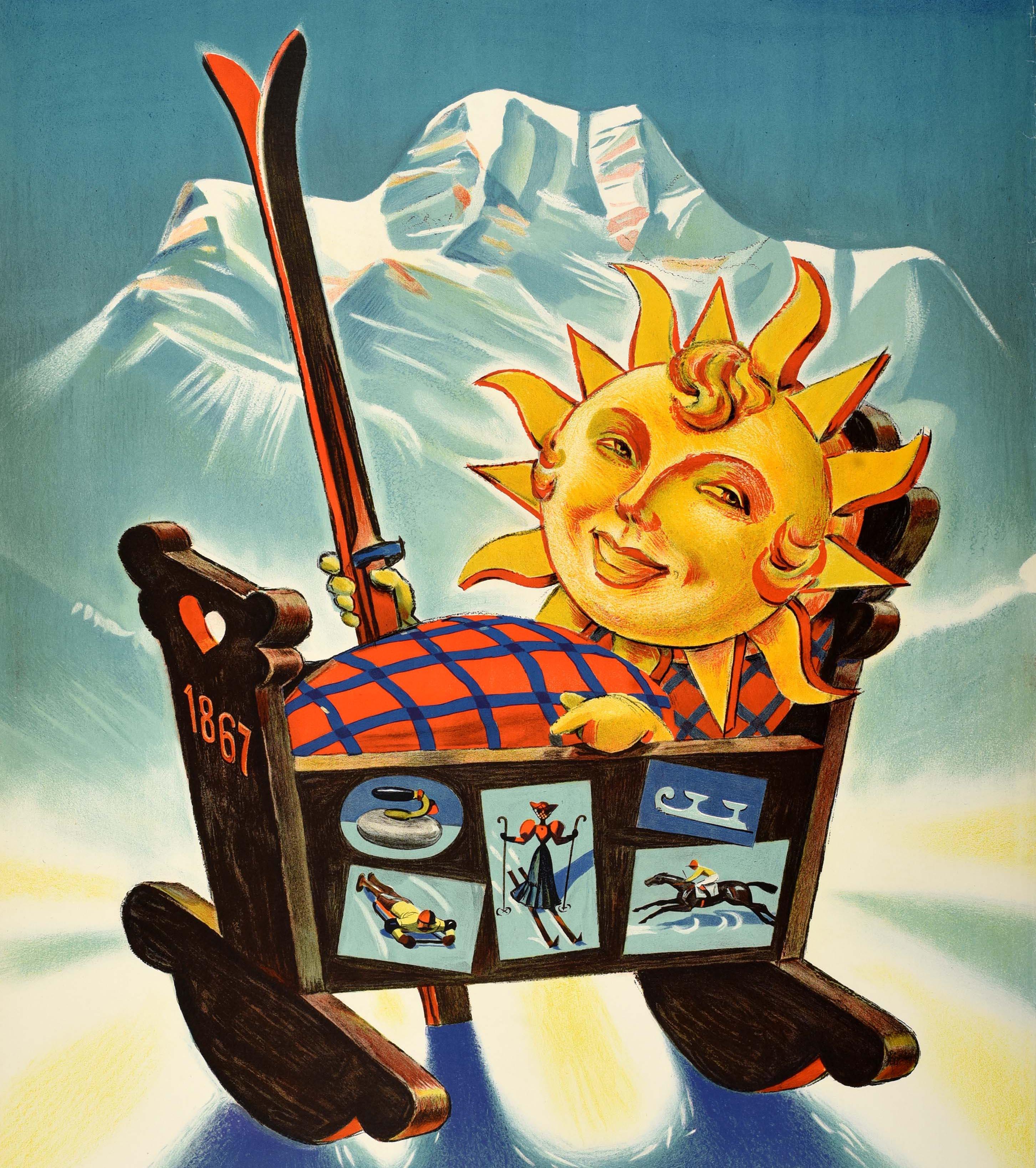 Affiche originale de voyage pour les sports d'hiver à St Moritz, avec un superbe dessin de Hugo Laubi (1888-1959) représentant le logo du soleil souriant de St Moritz sous la forme d'un bébé aux cheveux bouclés couché dans un berceau en bois et