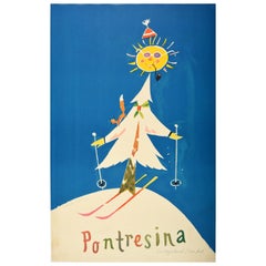 Original Vintage Winter Sport Skiing Poster by Leupin for Pontresina Switzerland