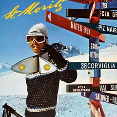 Original Vintage Winter Sport Skiing Poster St Moritz Ski Switzerland Skiing