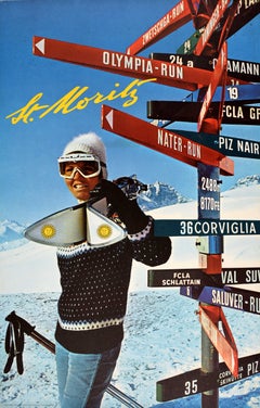 Original Vintage Winter Sport Skiing Poster St Moritz Ski Switzerland Skiing