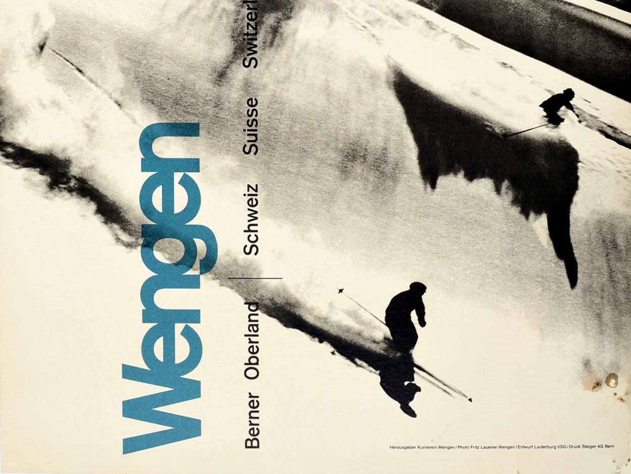 Swiss Original Vintage Winter Sport Skiing Poster Wengen Berner Oberland Switzerland For Sale