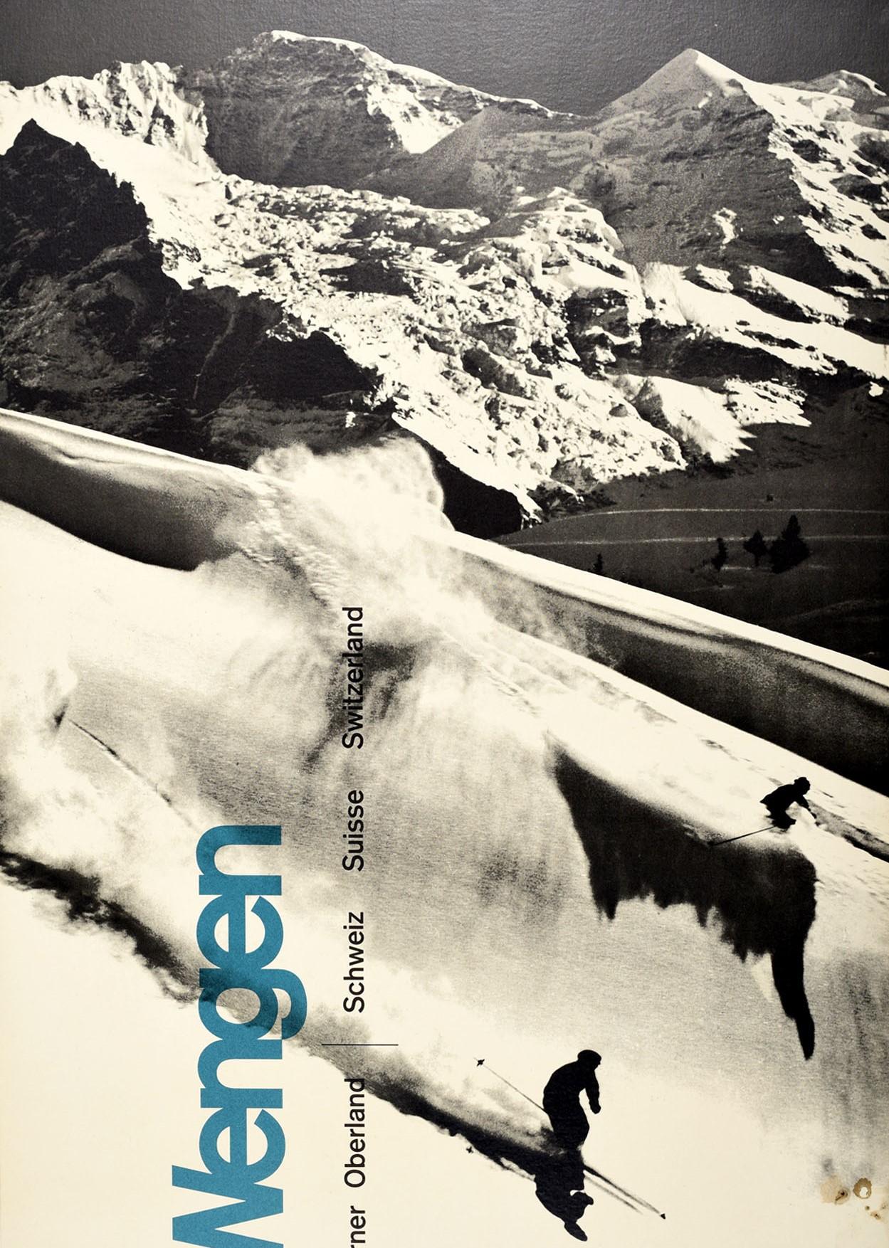 Original Vintage Winter Sport Skiing Poster Wengen Berner Oberland Switzerland In Good Condition For Sale In London, GB