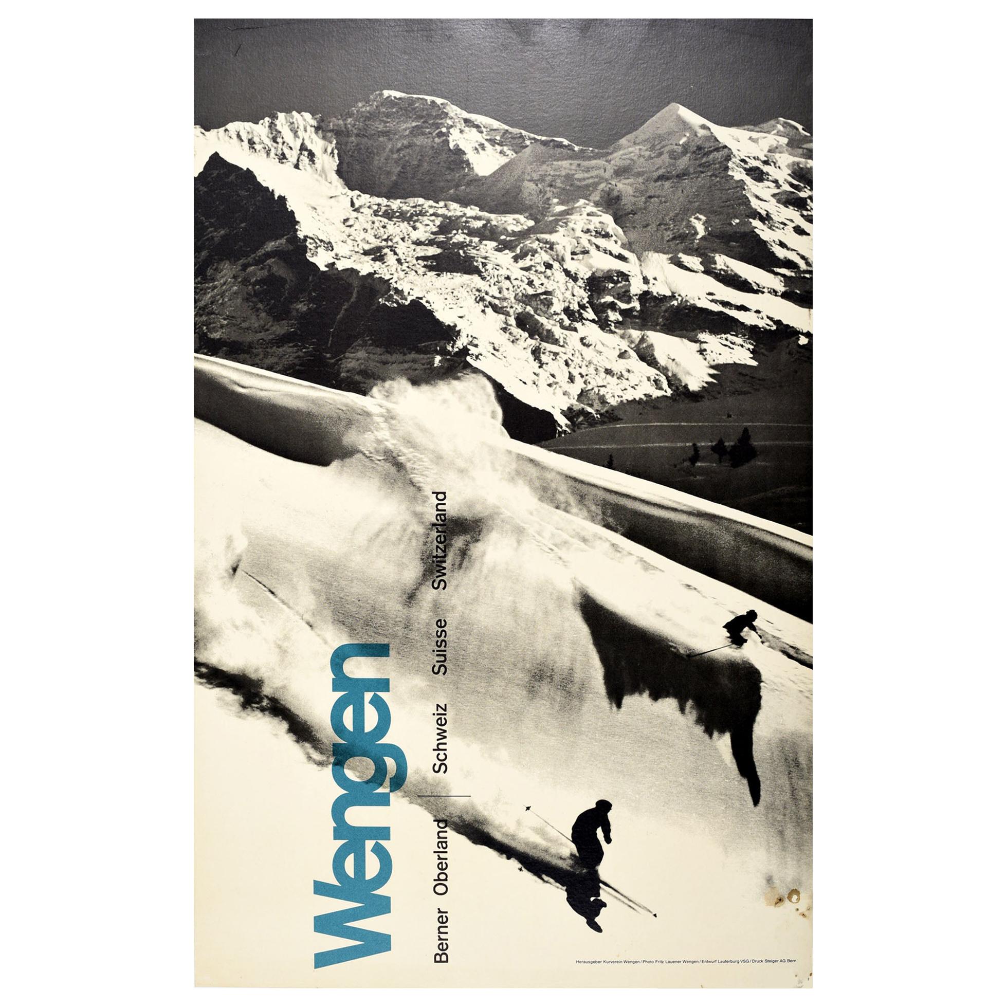 Affiche vintage originale de ski d'hiver, Wengen, Oberland bernois, Suisse