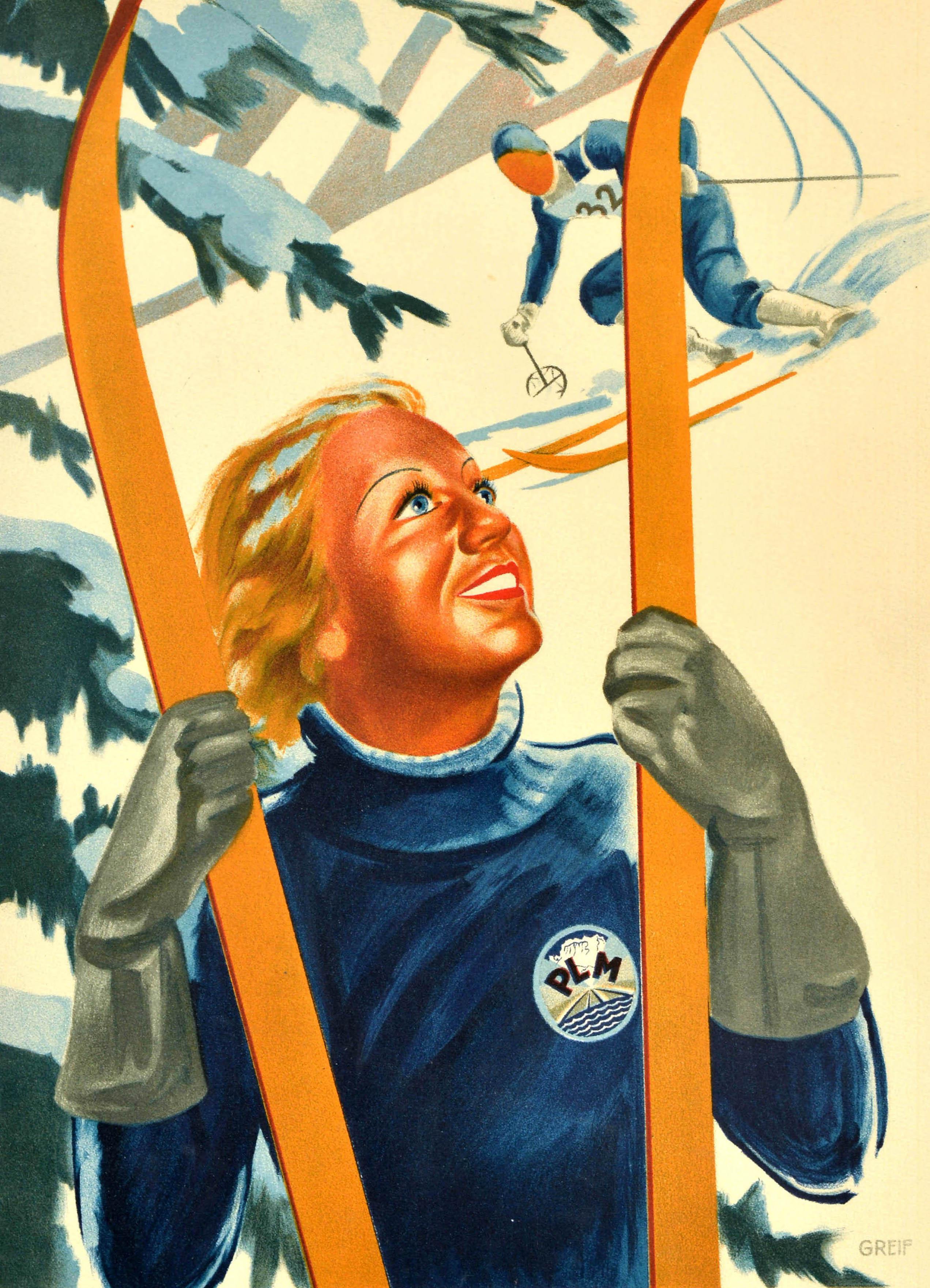 Original vintage winter sport and skiing travel poster - Alpes & Jura Eight days of winter sports A whole year of health / Huit jours de sports d'hiver Toute une annee de sante - featuring artwork depicting a smiling lady in front of a snow-topped