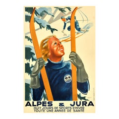 Original Vintage Winter Sport Skiing Travel Poster Alpes And Jura PLM Railway