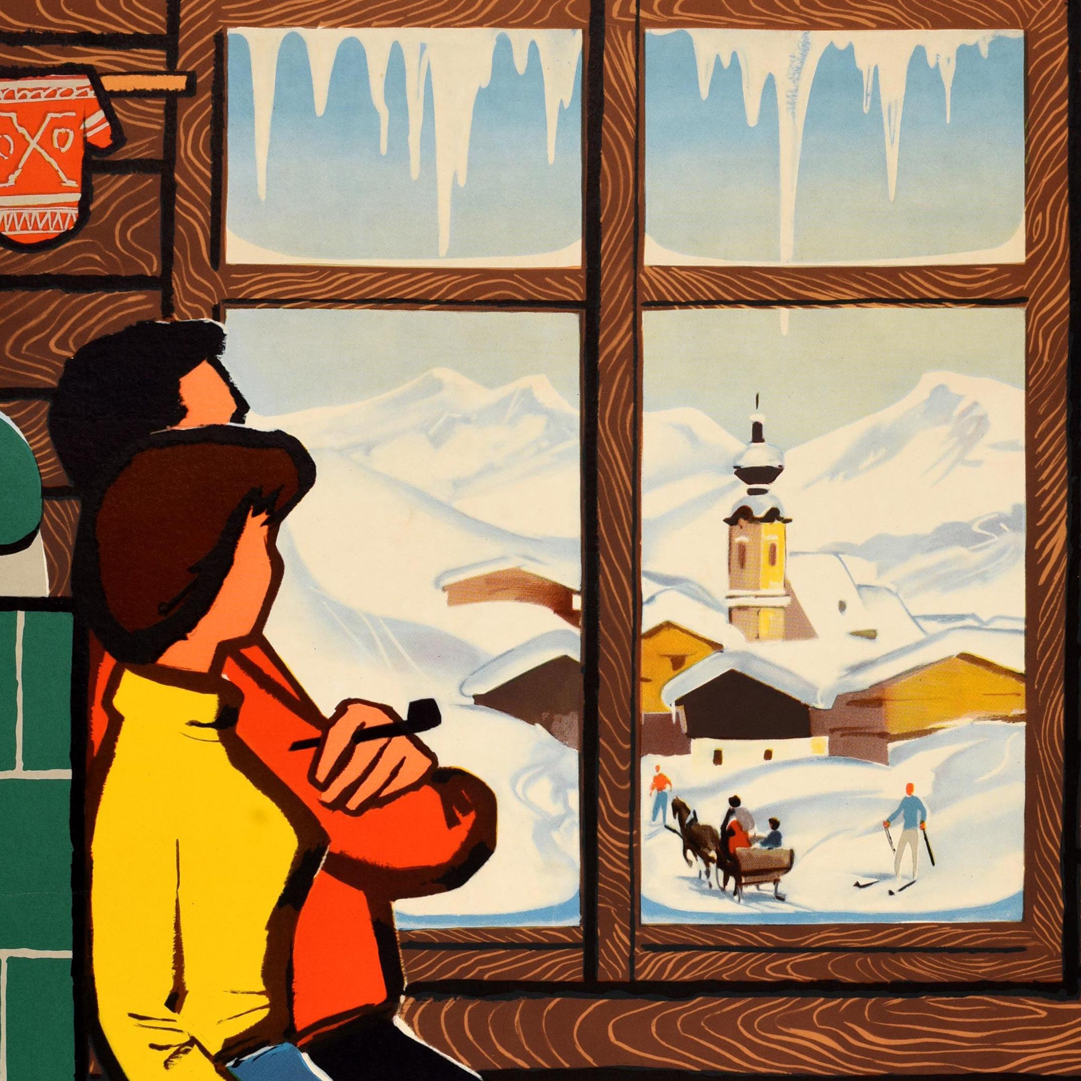Original vintage winter sport travel poster - Take It Easy In Austria - featuring a colourful stylised image of a couple relaxing indoors, the lady wearing a bright yellow top and the man wearing a red top and holding a smoking pipe, sitting on a