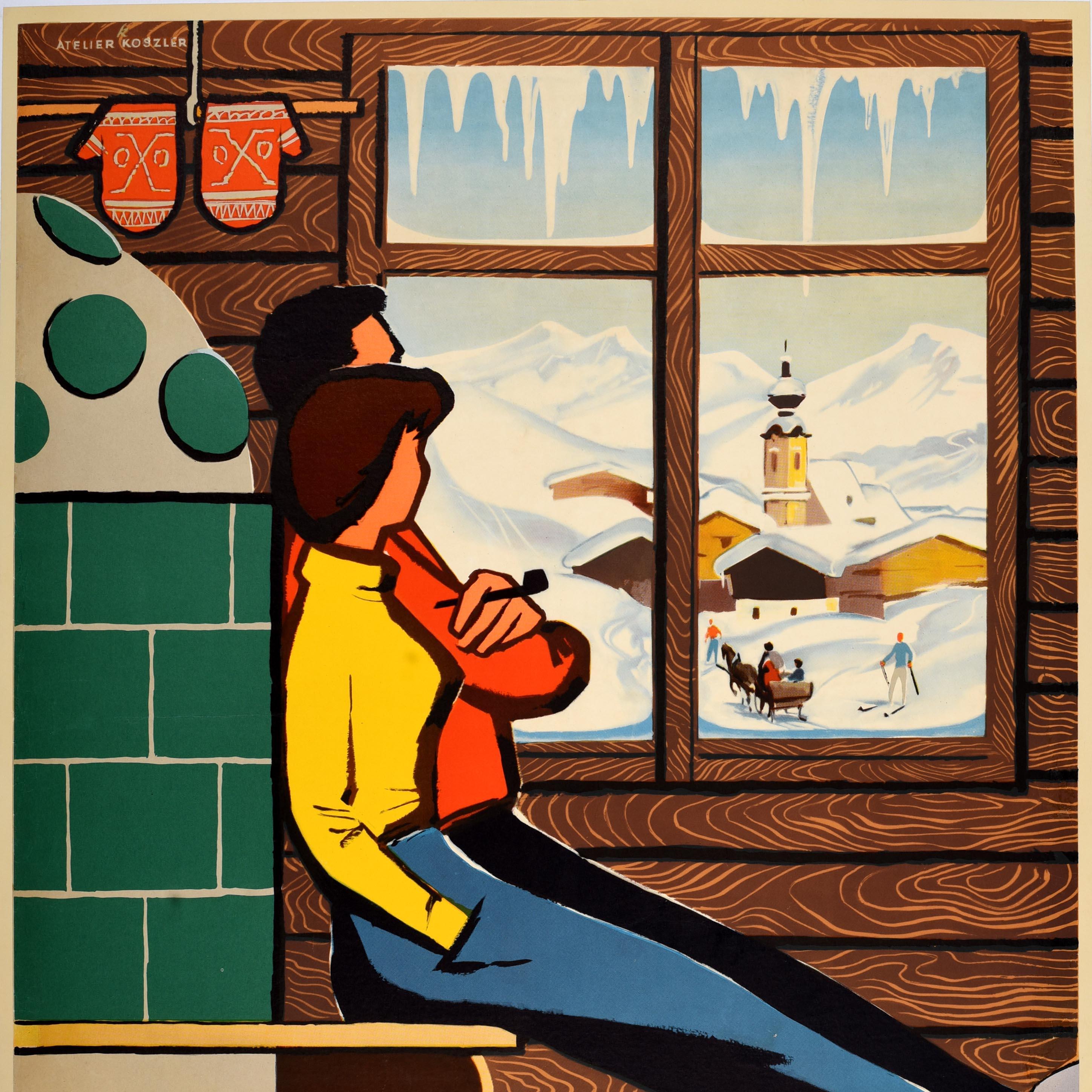 Austrian Original Vintage Winter Sport Skiing Travel Poster Take It Easy Ski Austria For Sale