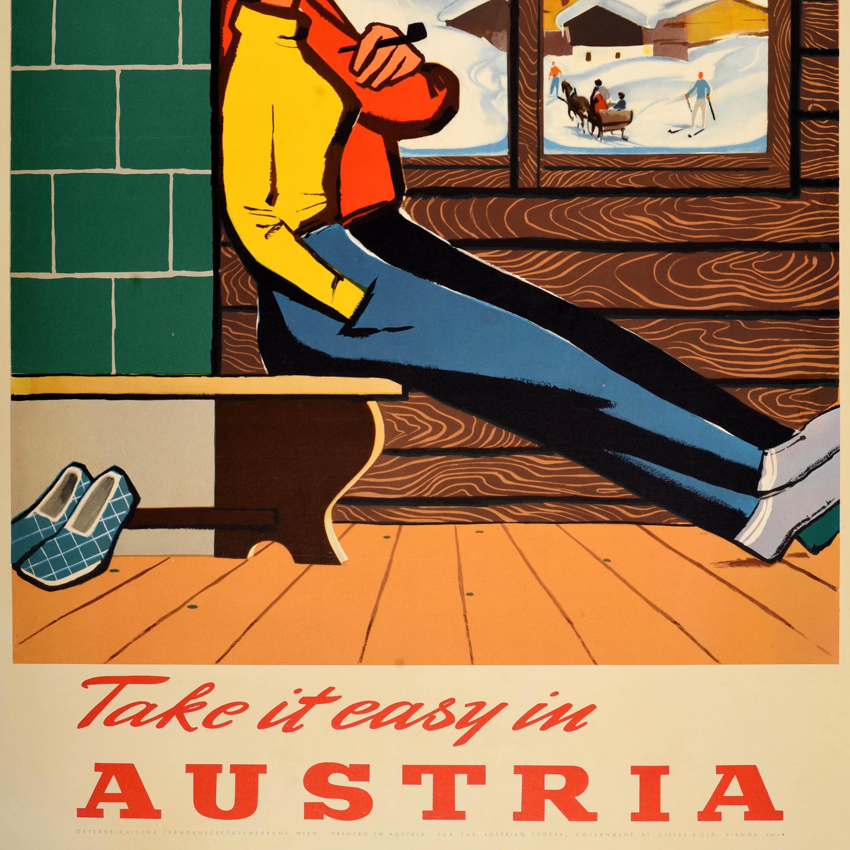 Original Vintage Winter Sport Skiing Travel Poster Take It Easy Ski Austria In Good Condition For Sale In London, GB