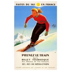 Original Retro Winter Sport SNCF Railway Poster - Ski In France Take The Train