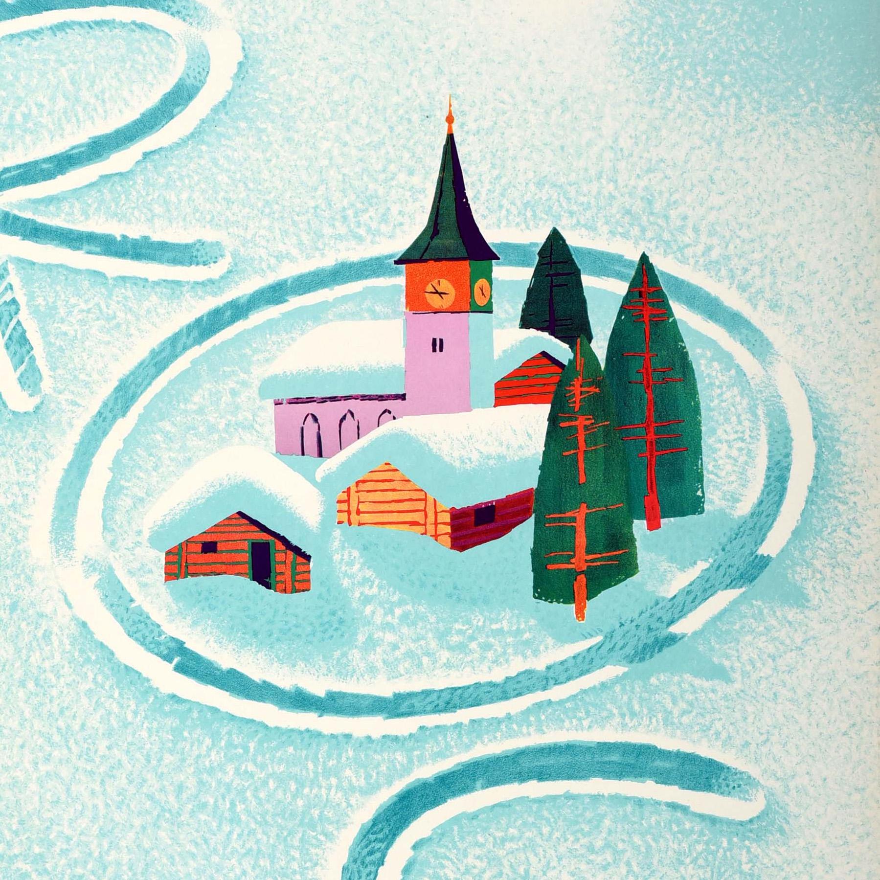 Affiche originale de voyage d'hiver pour Arosa Schweiz Suisse, avec un dessin amusant et coloré du célèbre artiste suisse Donald Brun (1909-1999) représentant une skieuse habillée à la mode, portant un foulard vert et un haut rouge, au bas d'une