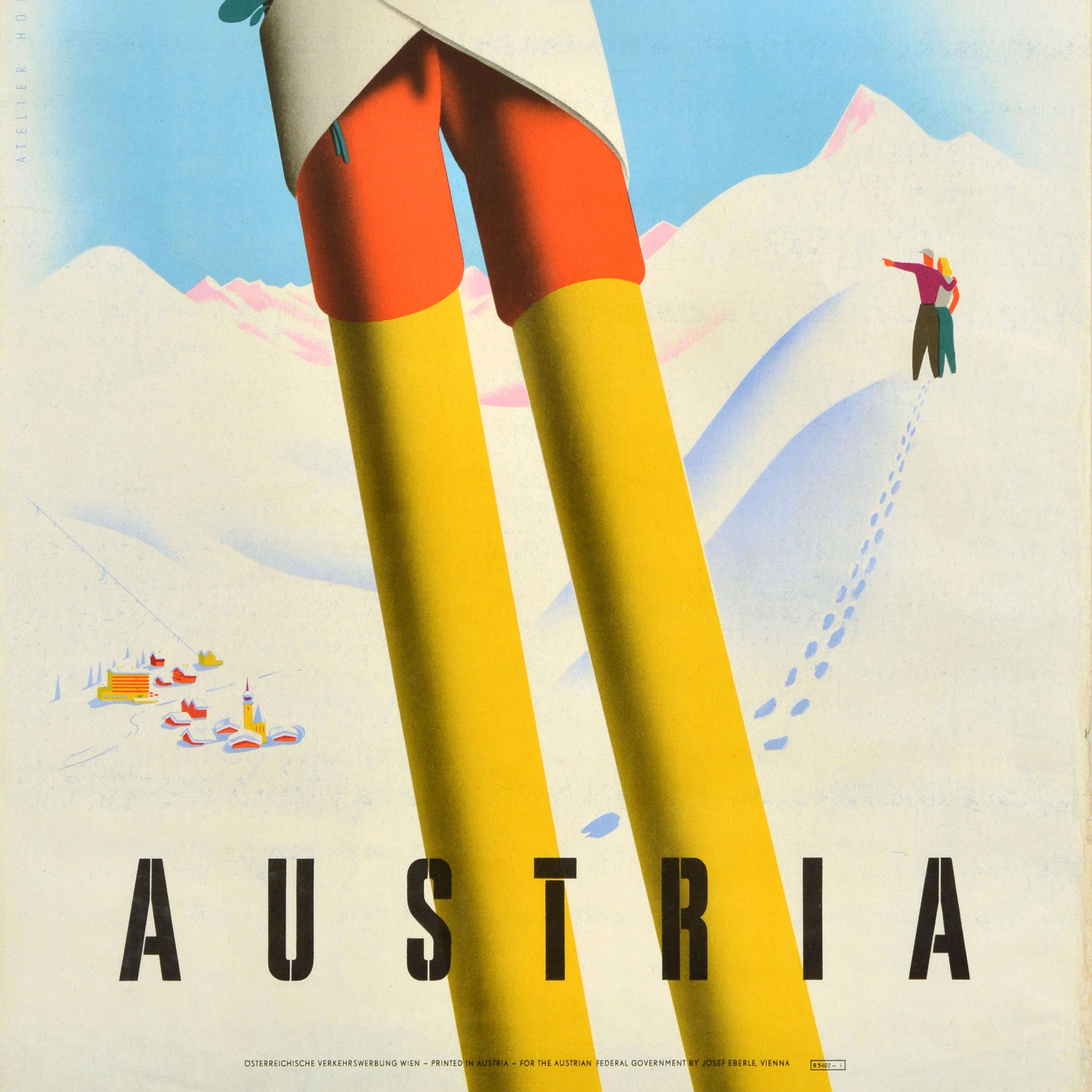 Austrian Original Vintage Winter Sport Travel Poster Austria Love Ski Poles Hofmann Snow For Sale