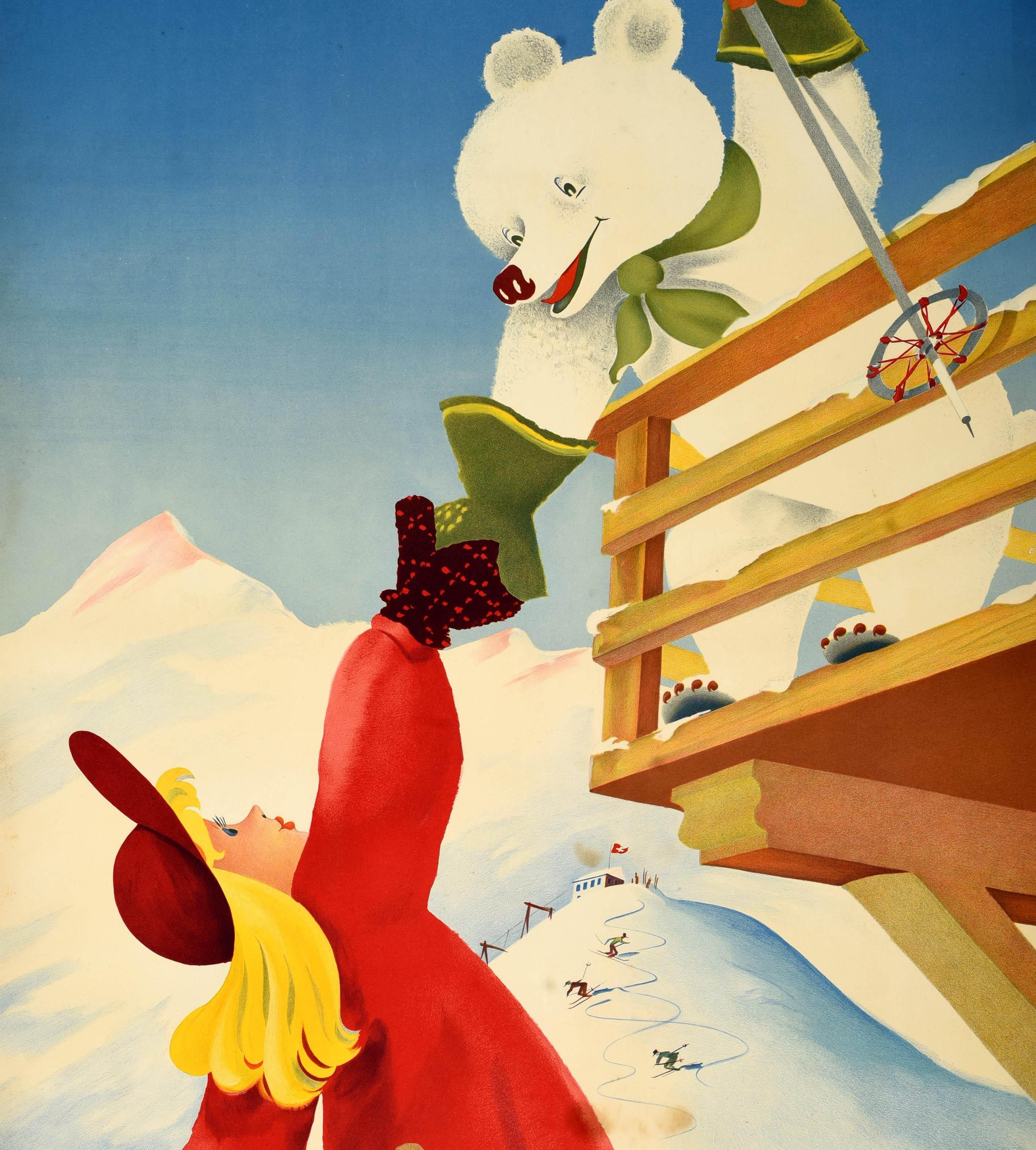 Original vintage winter sport travel poster for Berner Oberland Suisse on y fait du ski jusqu'a fin Avril / Bernese Oberland Switzerland skiing until the end of April featuring fun artwork by Paul Gusset (1909-1975) depicting a smiling white polar