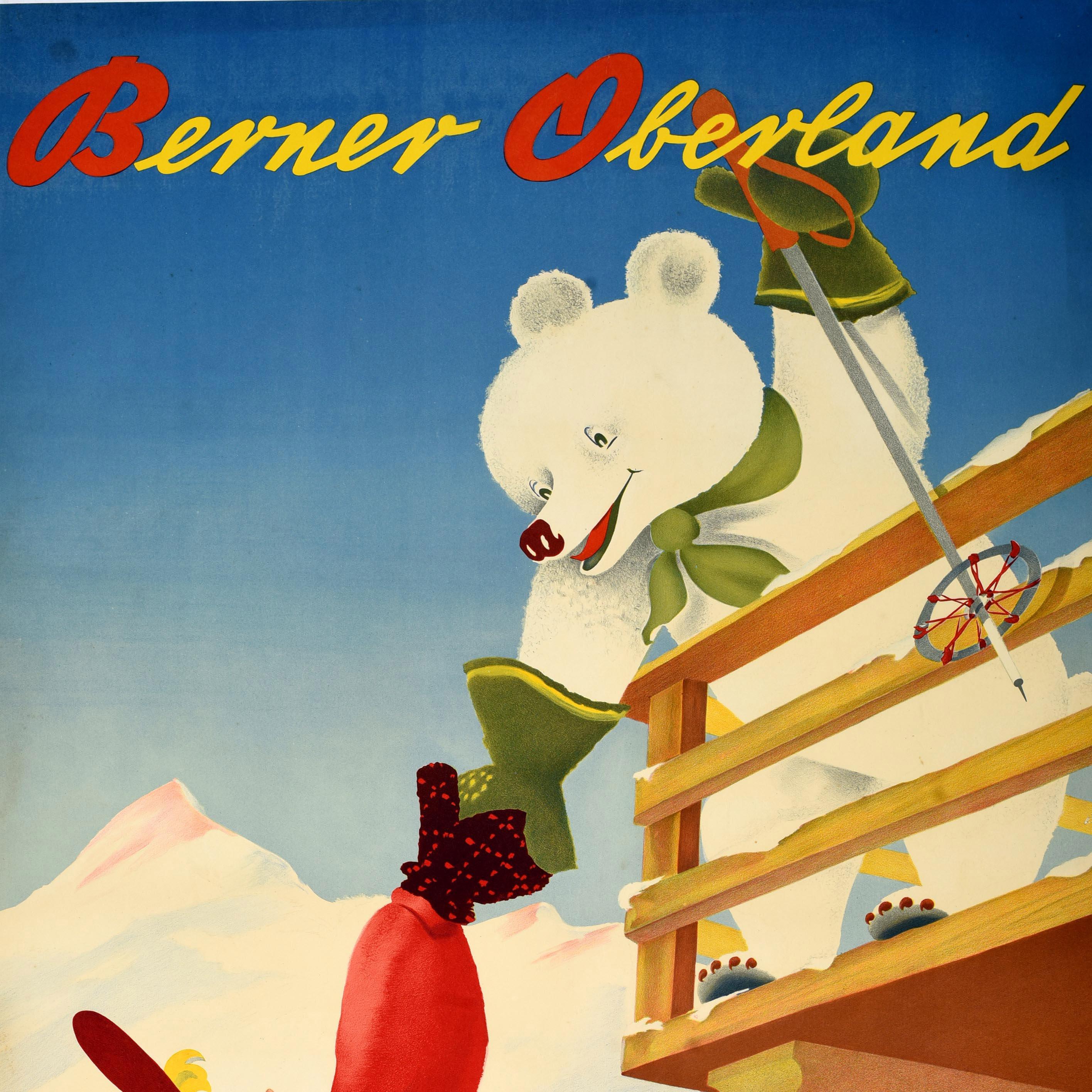 Swiss Original Vintage Winter Sport Travel Poster Berner Oberland Switzerland Bear For Sale