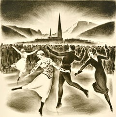 Original Vintage Winter Sport Travel Poster Davos Ice Skating World Sports Venue