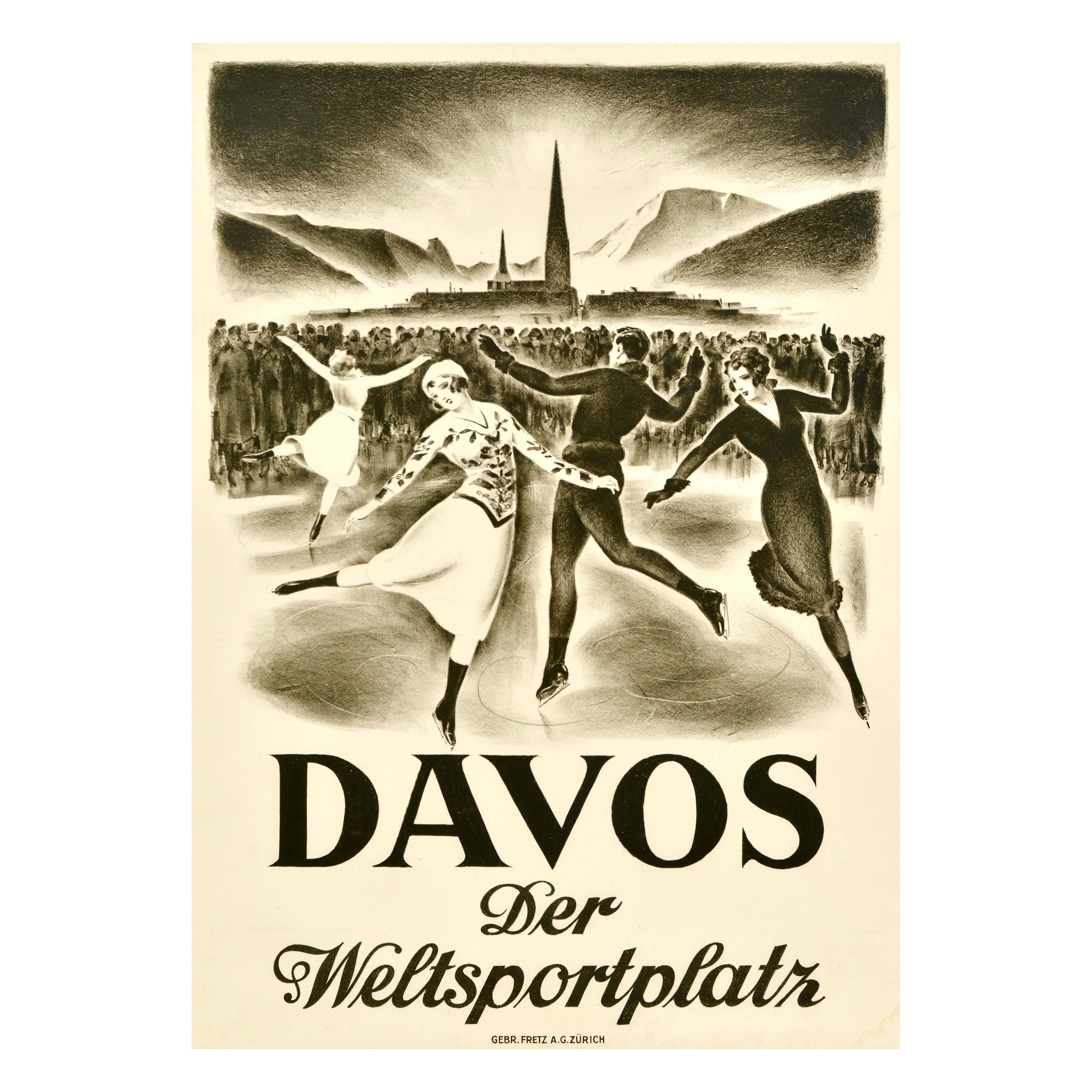 Original Vintage Winter Sport Travel Poster Davos Ice Skating World Sports Venue