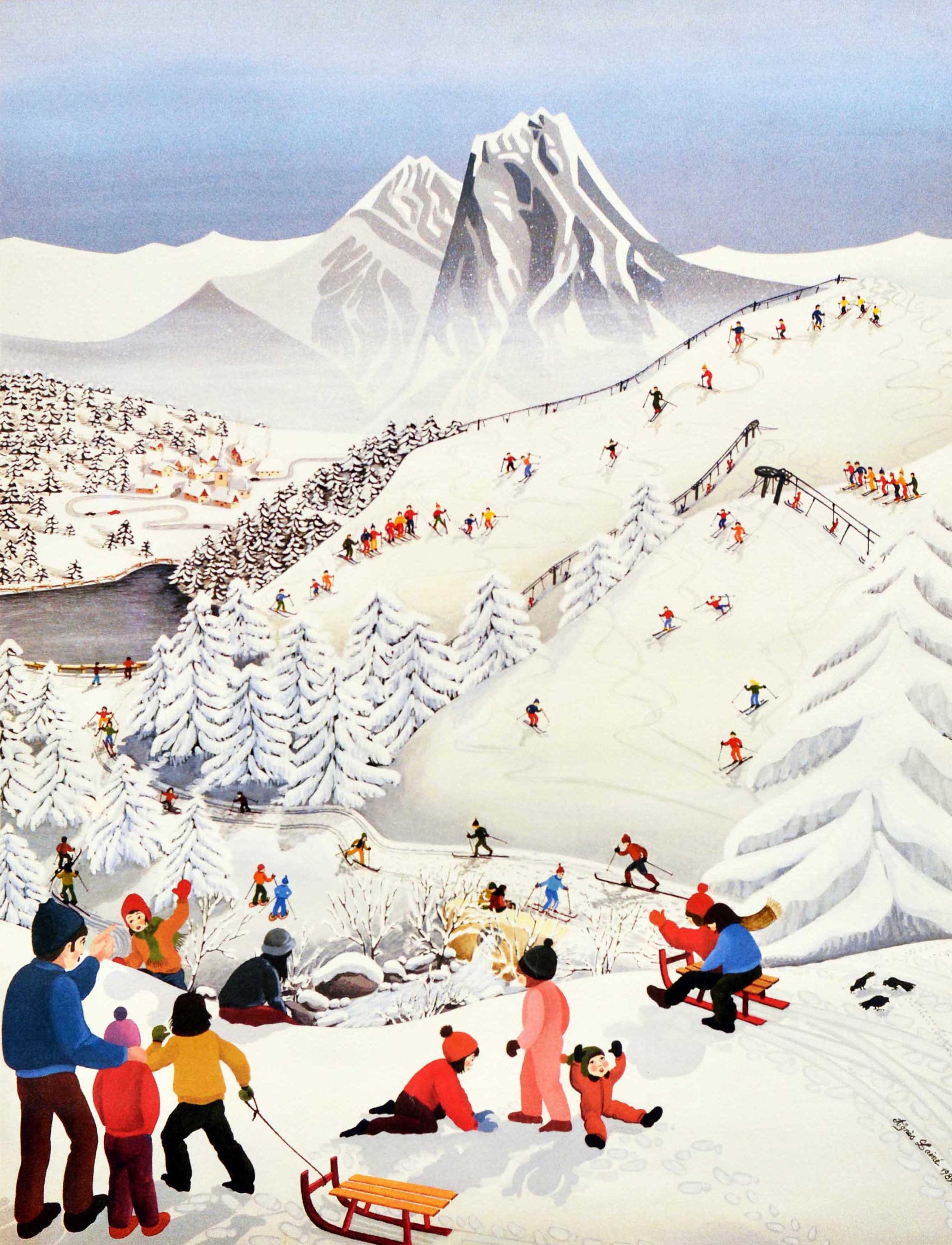 Original vintage winter sport travel poster for a ski resort in the French Alps - En Savoie Les Karellis - featuring a fun and colourful illustration of children and families sledging in the foreground with skiers skiing down the slopes by T-bar ski