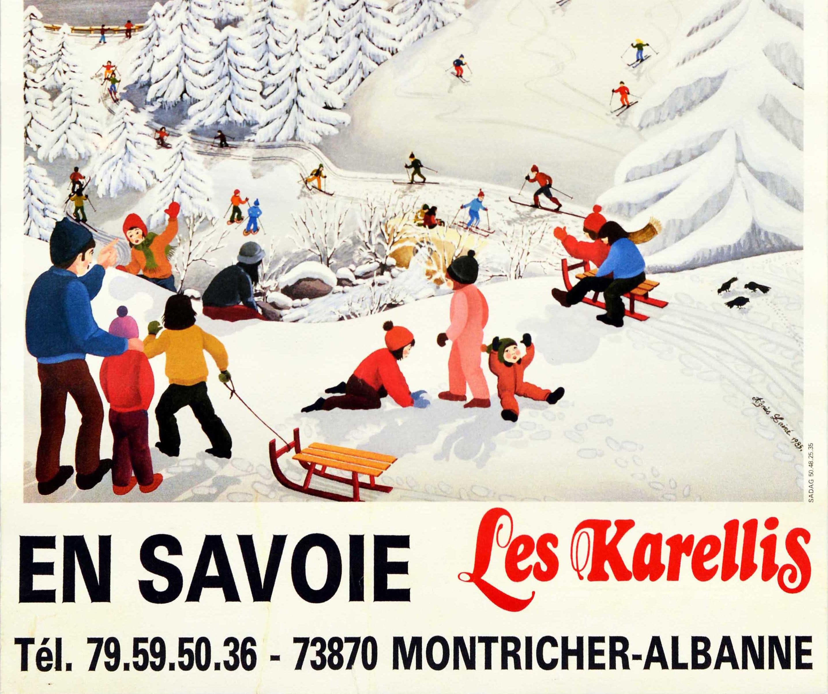 Original Vintage Winter Sport Travel Poster En Savoie Les Karellis Ski Resort In Good Condition In London, GB