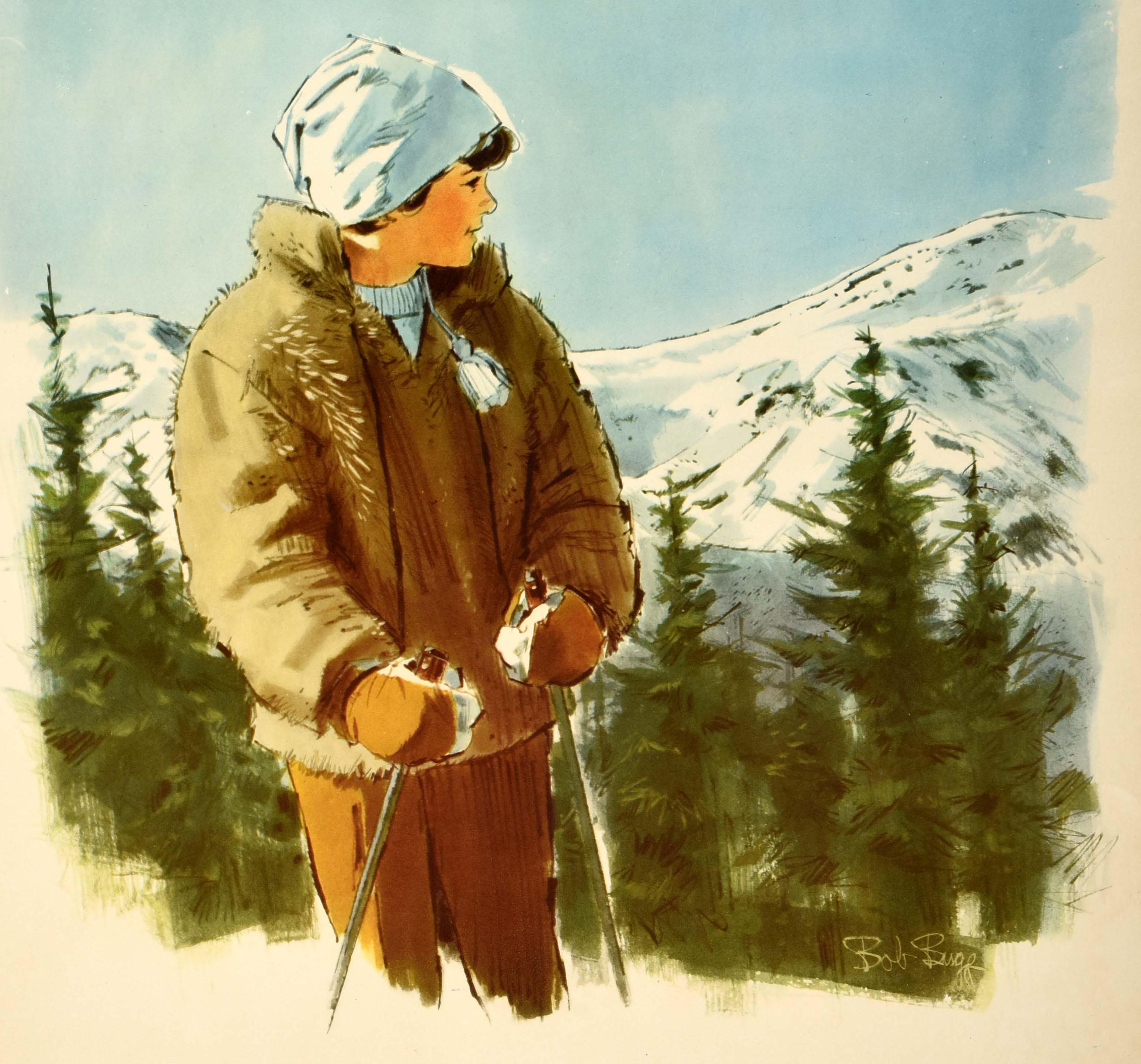 Poster originale d'epoca per gli sport invernali e lo sci di Jackson-Pinkham Notch, New Hampshire, con l'illustrazione di Bob Bugg (1920-1993) di un ragazzo che indossa un cappello, dei guanti e un cappotto marrone, con in mano dei bastoncini da sci