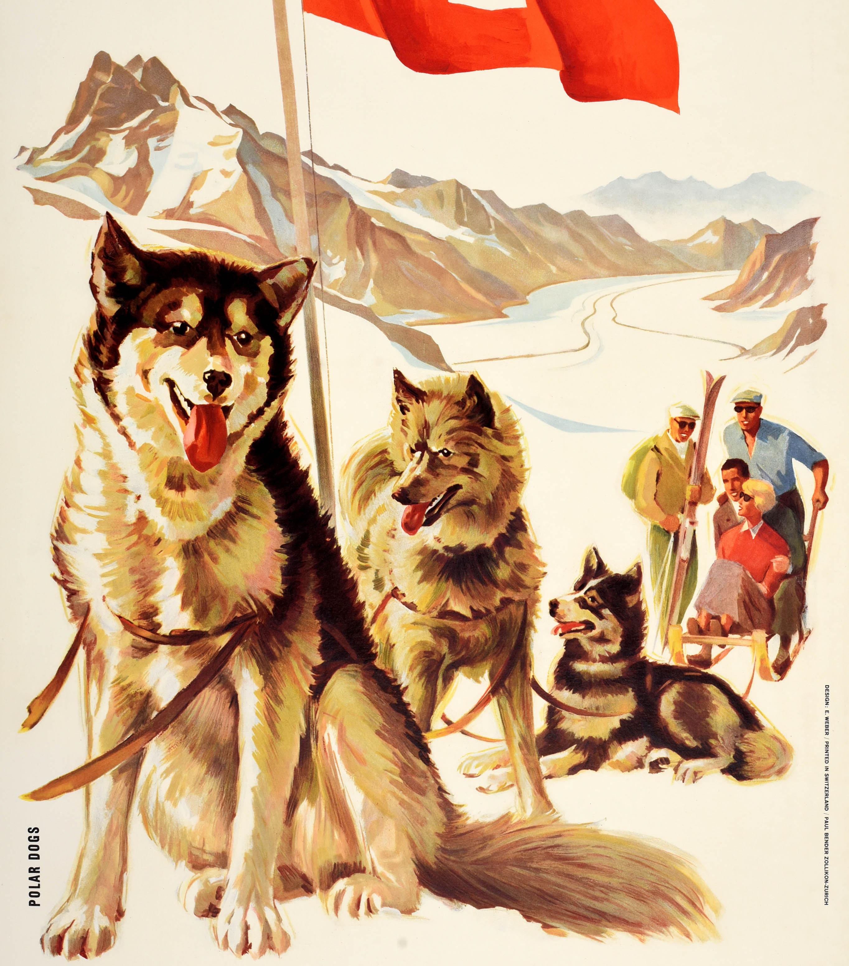 Original Vintage Wintersport und Skifahren Reiseplakat - Berner Oberland Schweiz Jungfraujoch Jungfraubahn - große Kunstwerk mit dem Titel Polar Dogs mit Schlittenhunden vorgespannt mit einer Dame und Mann sitzen auf dem Schlitten der Vorbereitung