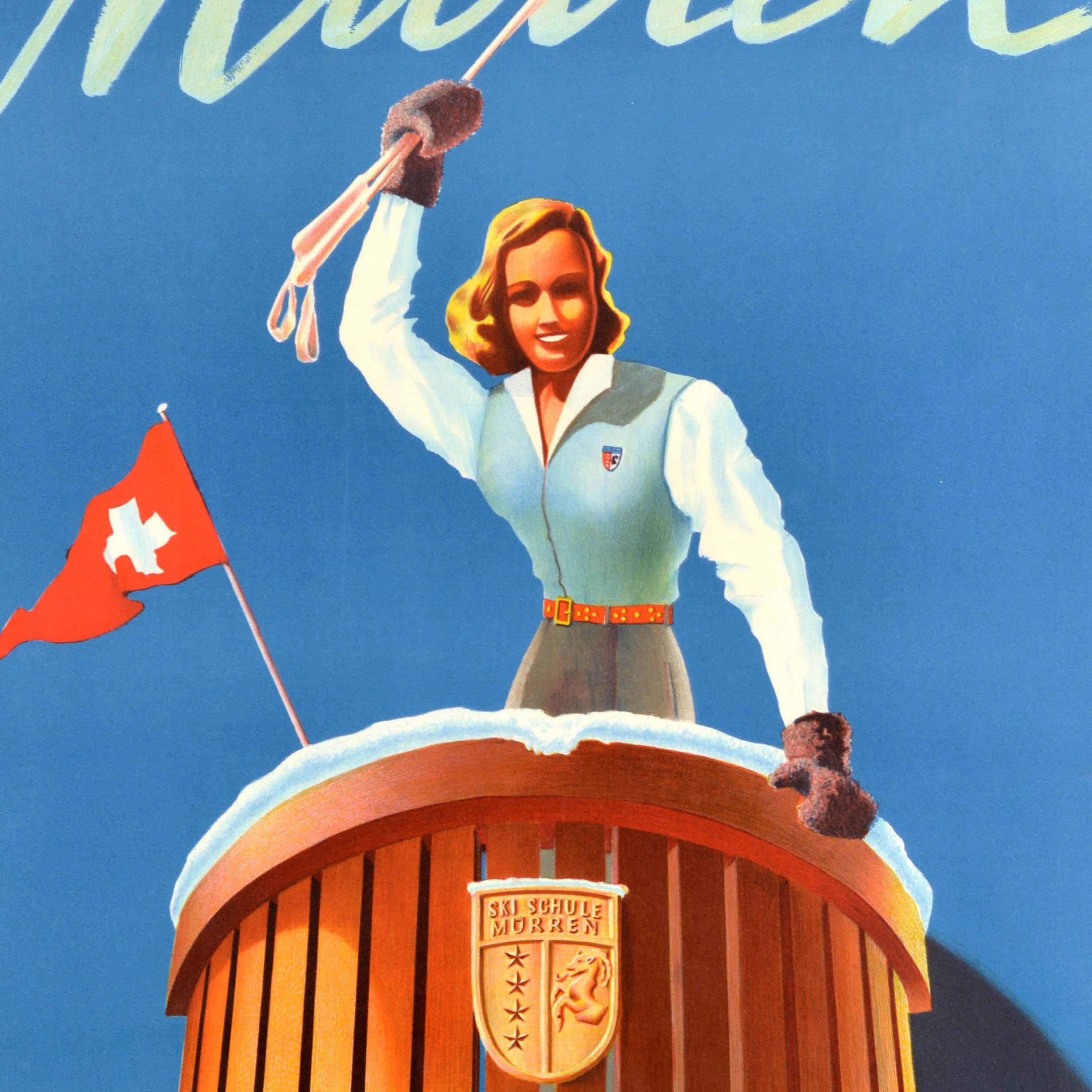Original vintage winter sport travel poster for the Kandahar Ski School in Murren Kandahar with the slogan - Its sun terrace is waiting for you / Seine Sonnenterrasse wartet auf Sie - featuring an image of a smiling lady holding up her ski poles in