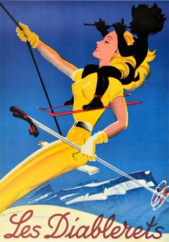 Original Vintage Winter Sport Travel Poster Les Diablerets Schweiz Skifahren