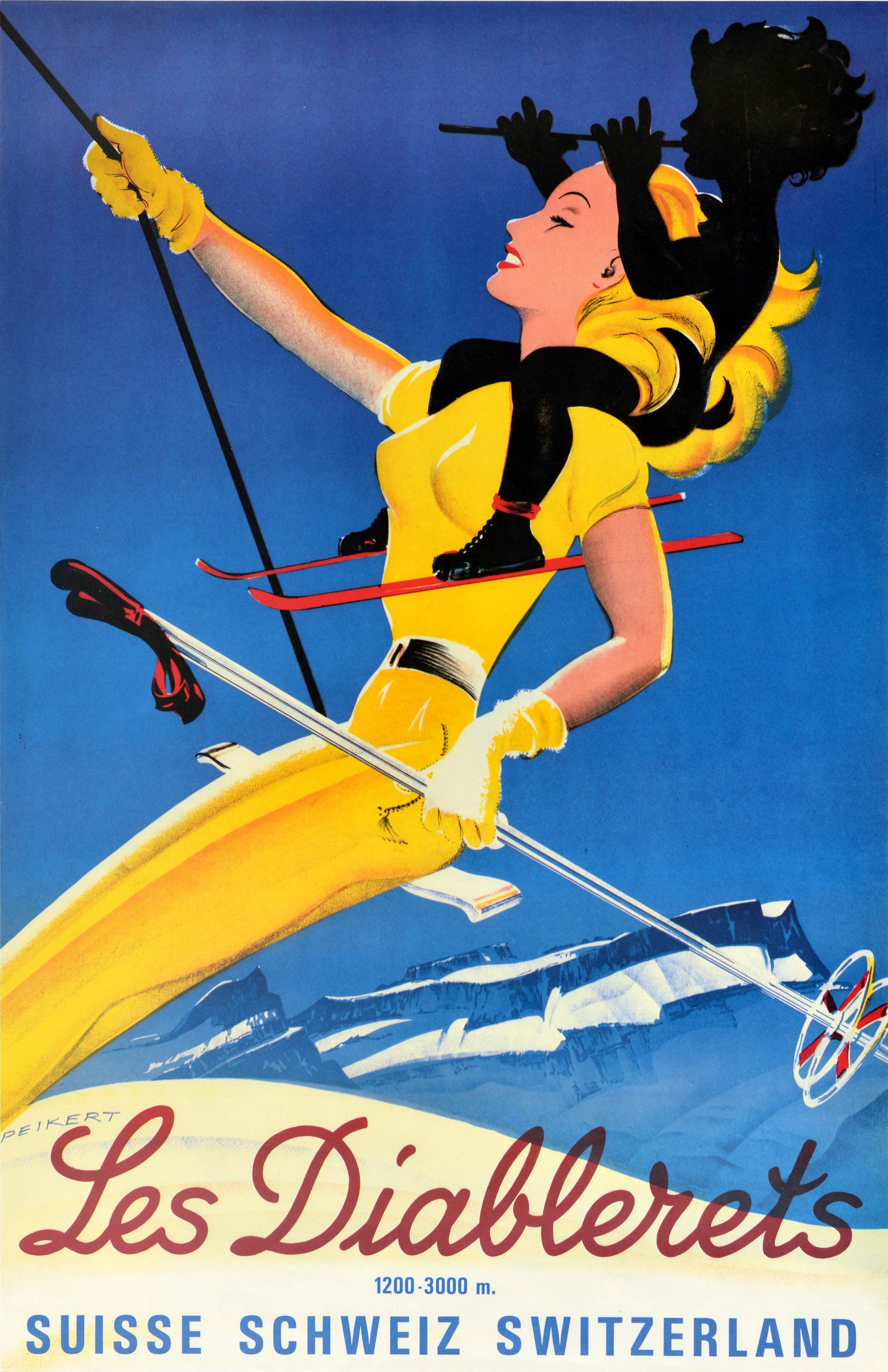 Original Vintage Winter Sport Travel Poster Les Diablerets Schweiz Skifahren