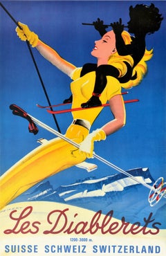 Original Vintage Winter Sport Travel Poster Les Diablerets Schweiz Skifahren