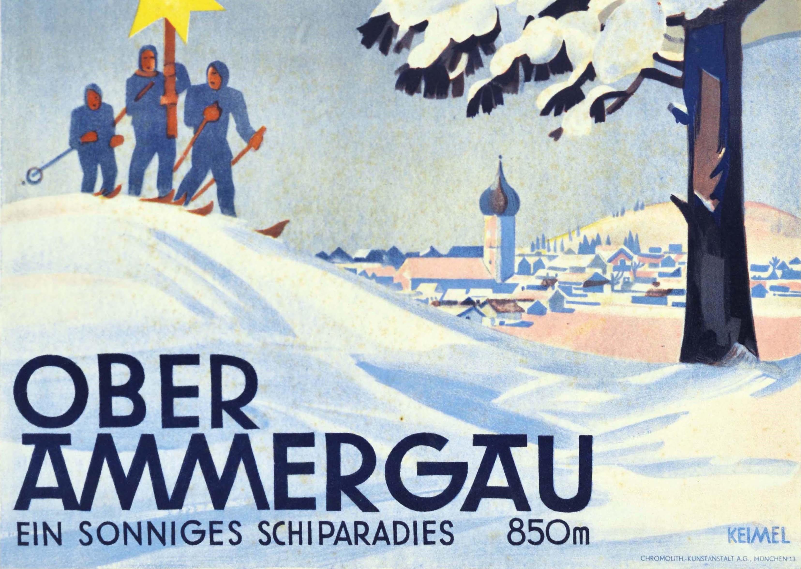 German Original Vintage Winter Sport Travel Poster Oberammergau A Sunny Ski Paradise For Sale